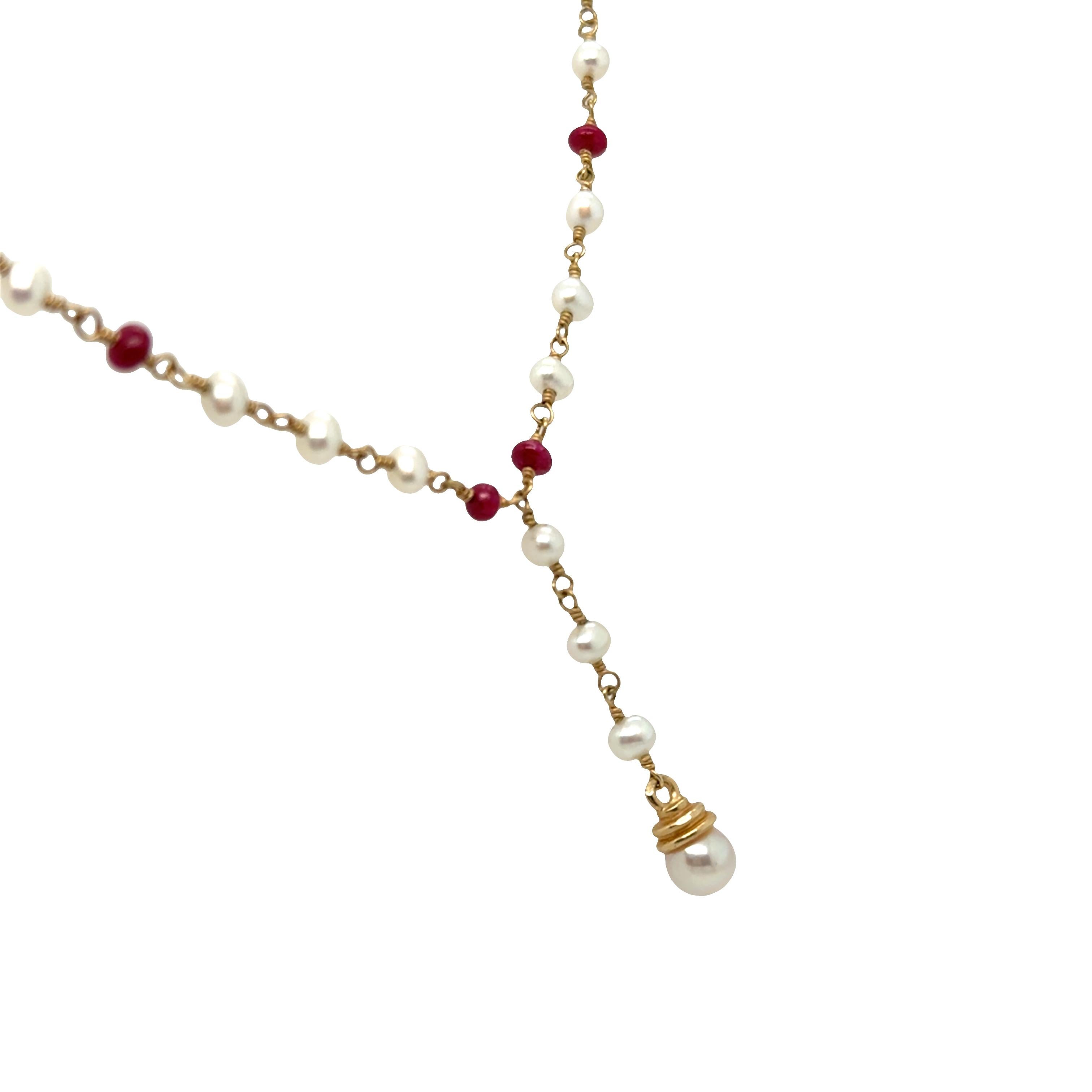 Y Necklace with Pearl and Ruby Beads – 14k Yellow Gold, Hand-Twisted Wire Design For Sale 2