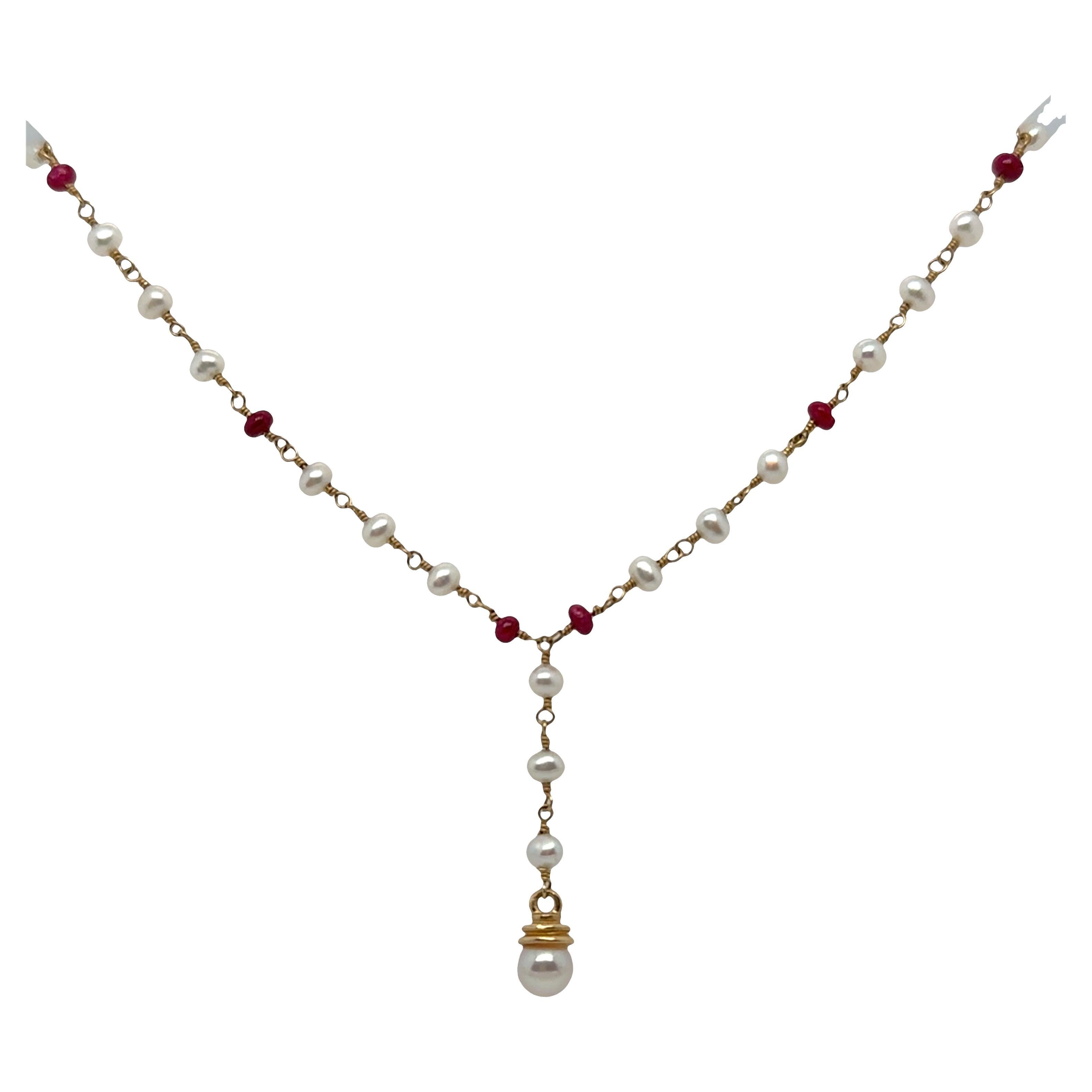 Y Necklace with Pearl and Ruby Beads – 14k Yellow Gold, Hand-Twisted Wire Design For Sale