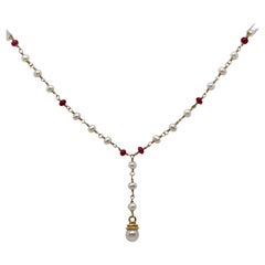 Y Necklace with Pearl and Ruby Beads – 14k Yellow Gold, Hand-Twisted Wire Design