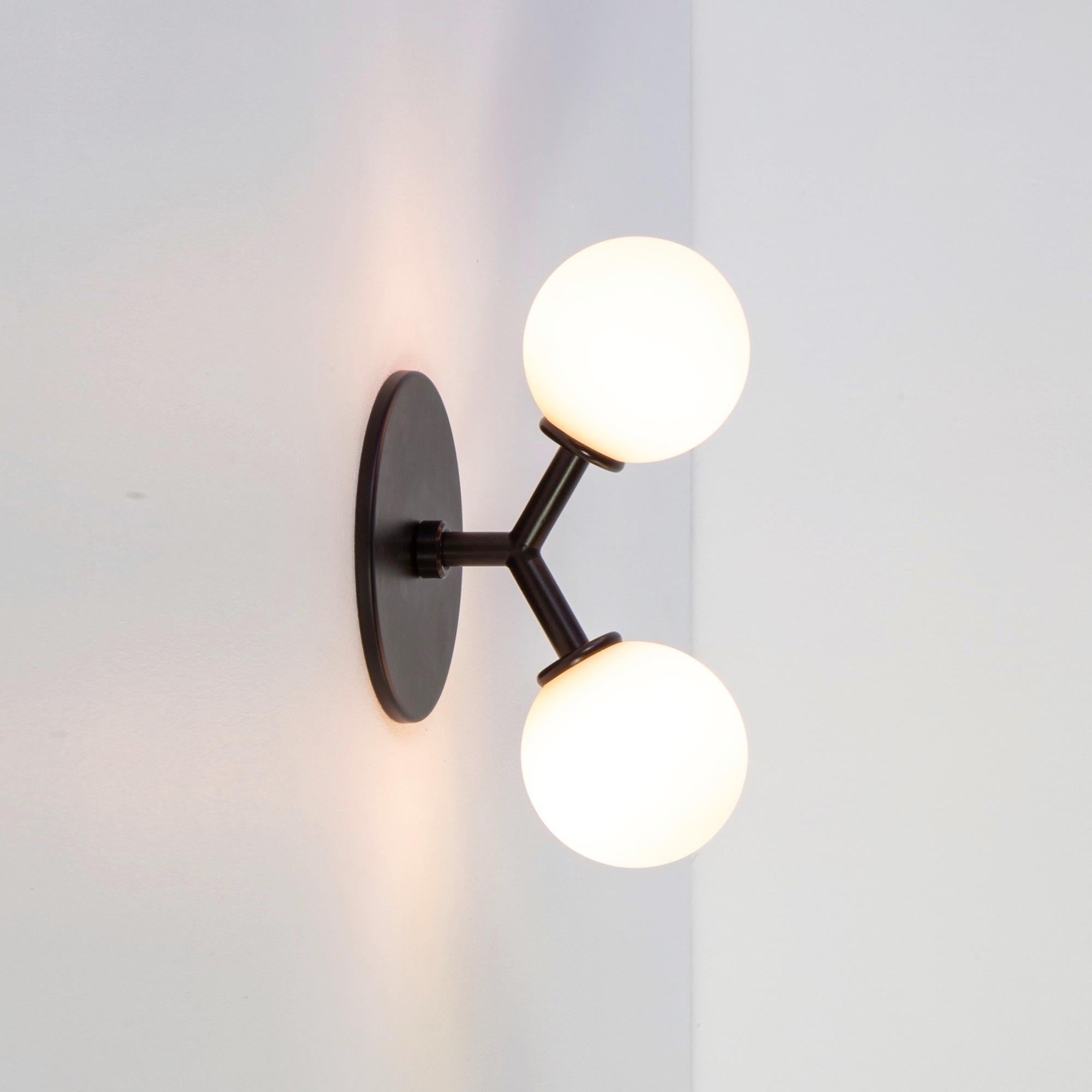 Brushed Y Sconce by Research.Lighting, Black, 3in Glass Globes, In Stock For Sale