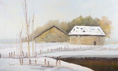 Y. Simon - 20th Century Oil, Winter Landscape with Wooden Cabins