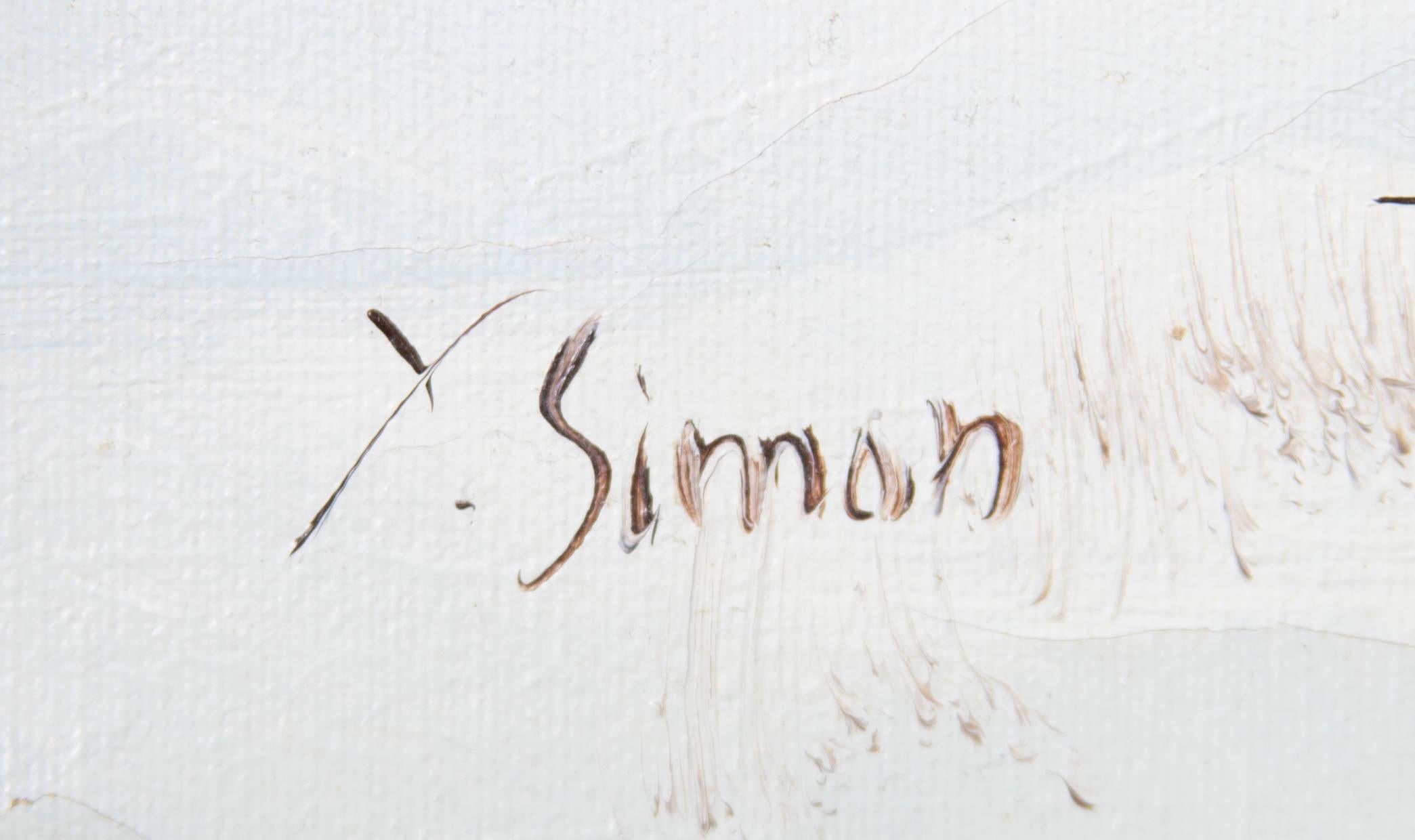 Y. Simon - Olio del XX secolo, Paesaggio invernale con capanne di legno in vendita 4