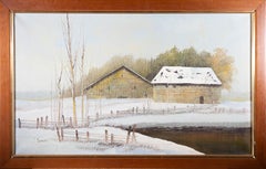 Y. Simon - 20th Century Oil, Winter Landscape with Wooden Cabins