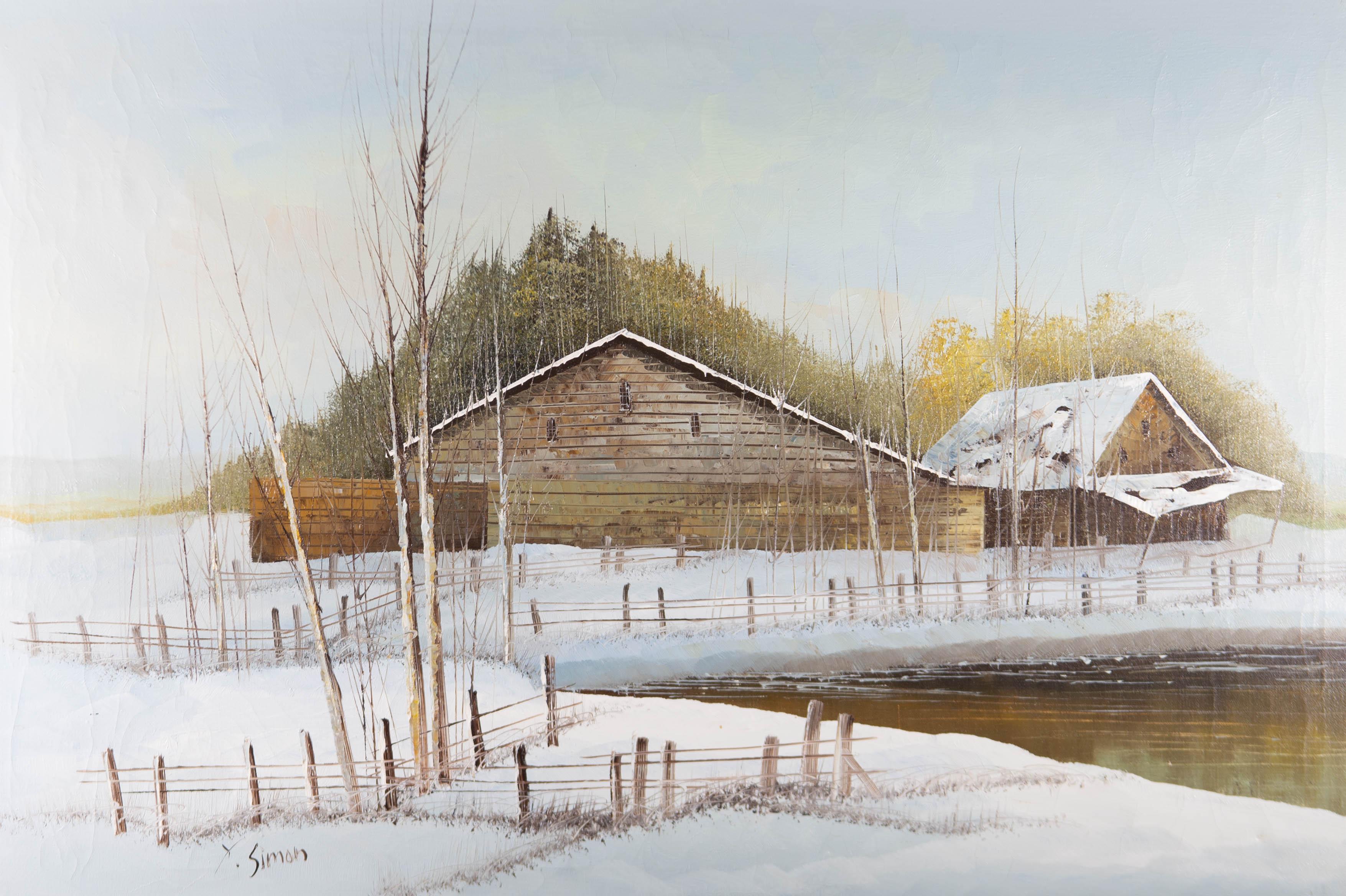Y. Simon – signiertes und gerahmtes Ölgemälde, Snowy Barn, Mitte des 20. Jahrhunderts im Angebot 1