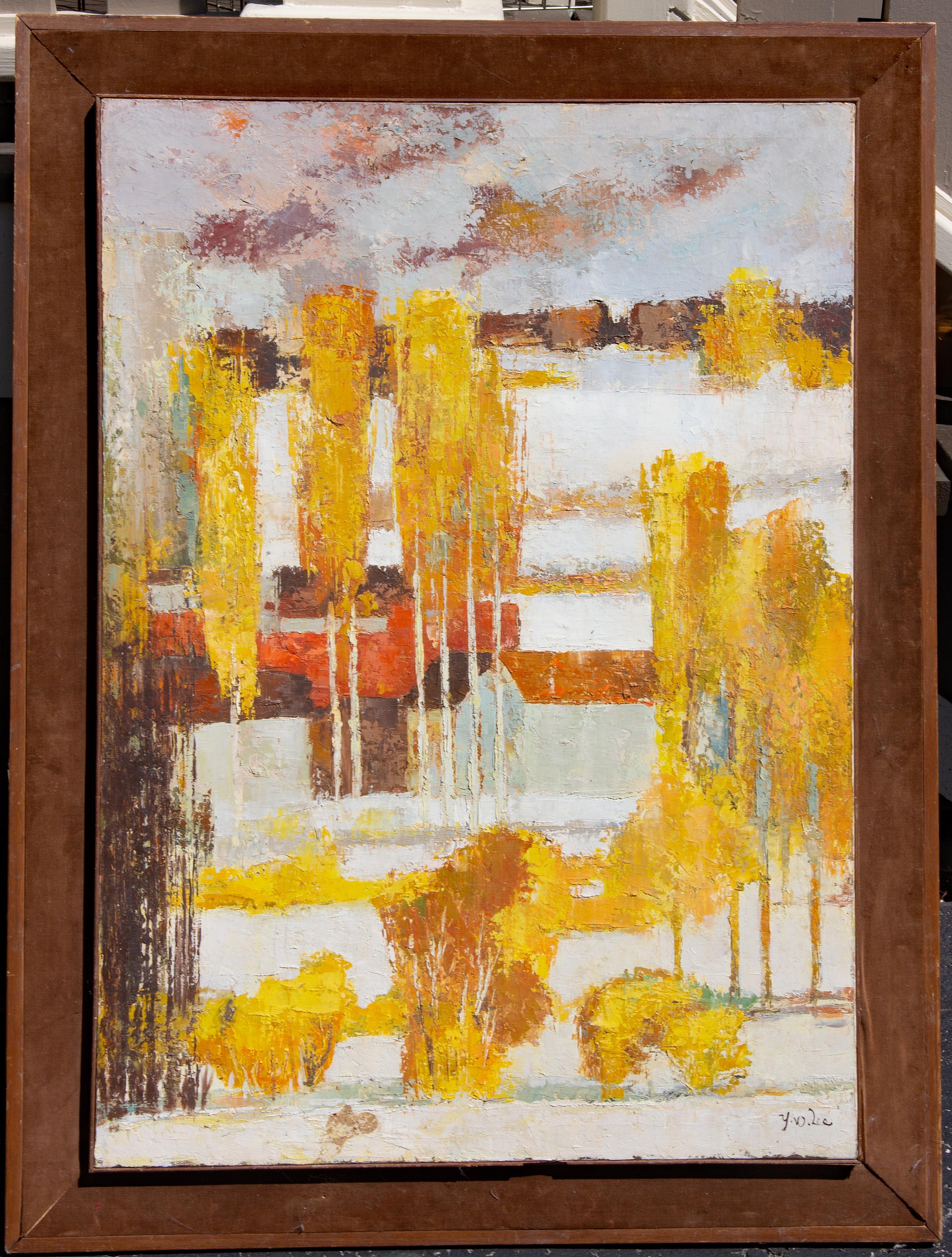 Paysage d'automne moderniste du milieu du siècle, peinture à l'huile de Y.W. Lee Circa 1960 - Painting de Y W Lee