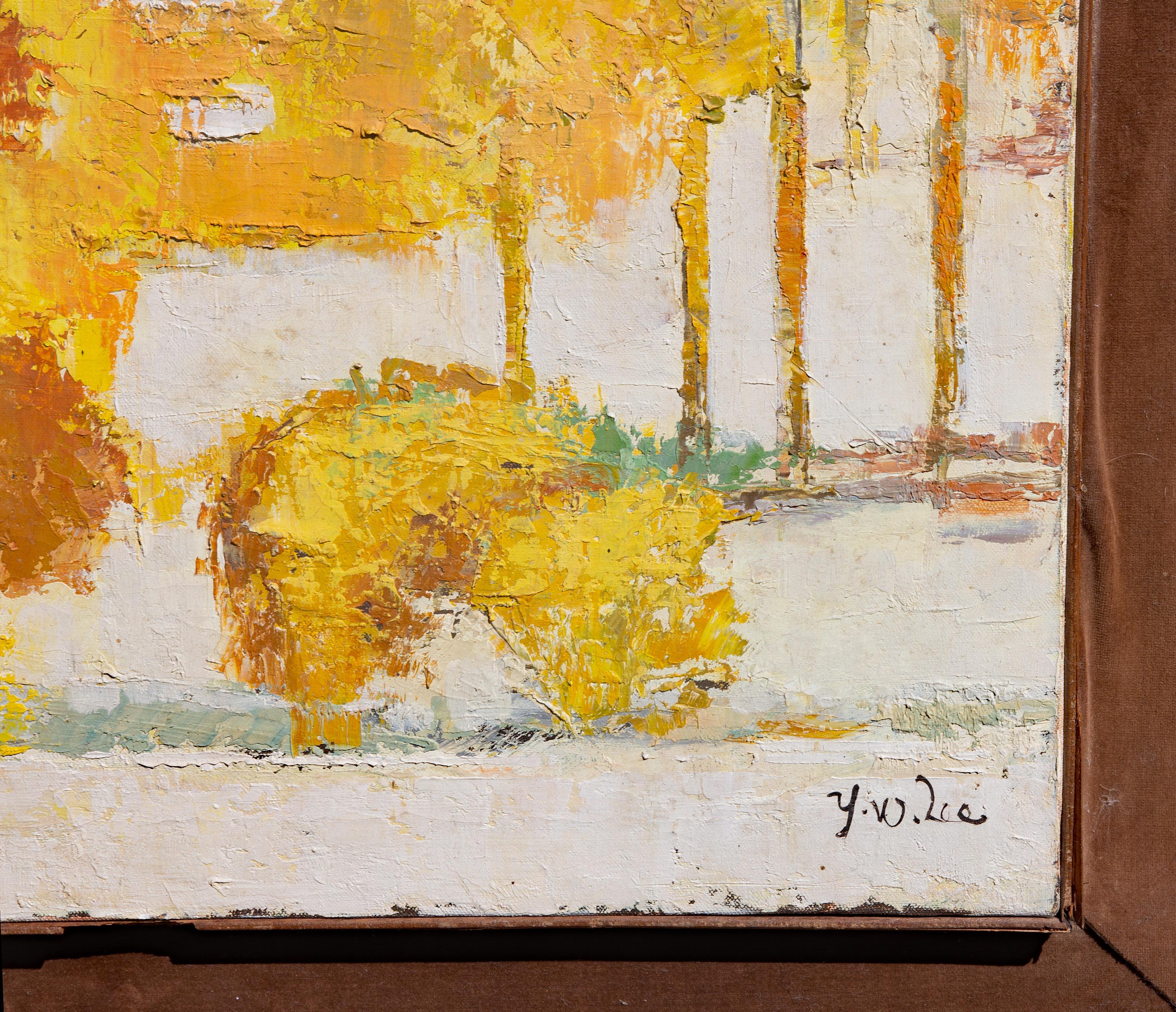 Paysage d'automne moderniste du milieu du siècle, peinture à l'huile de Y.W. Lee Circa 1960 - Moderne Painting par Y W Lee