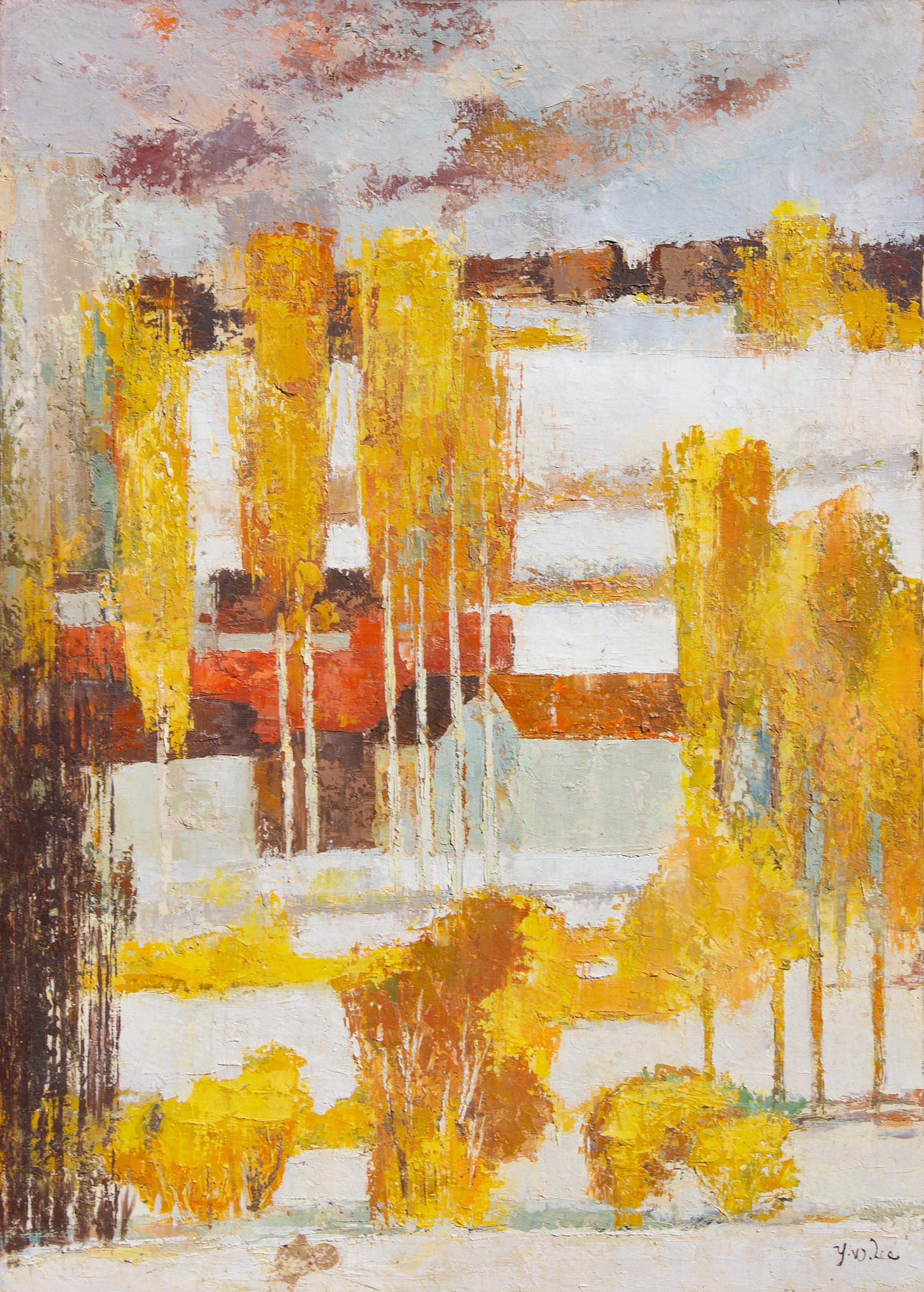 Landscape Painting Y W Lee - Paysage d'automne moderniste du milieu du siècle, peinture à l'huile de Y.W. Lee Circa 1960