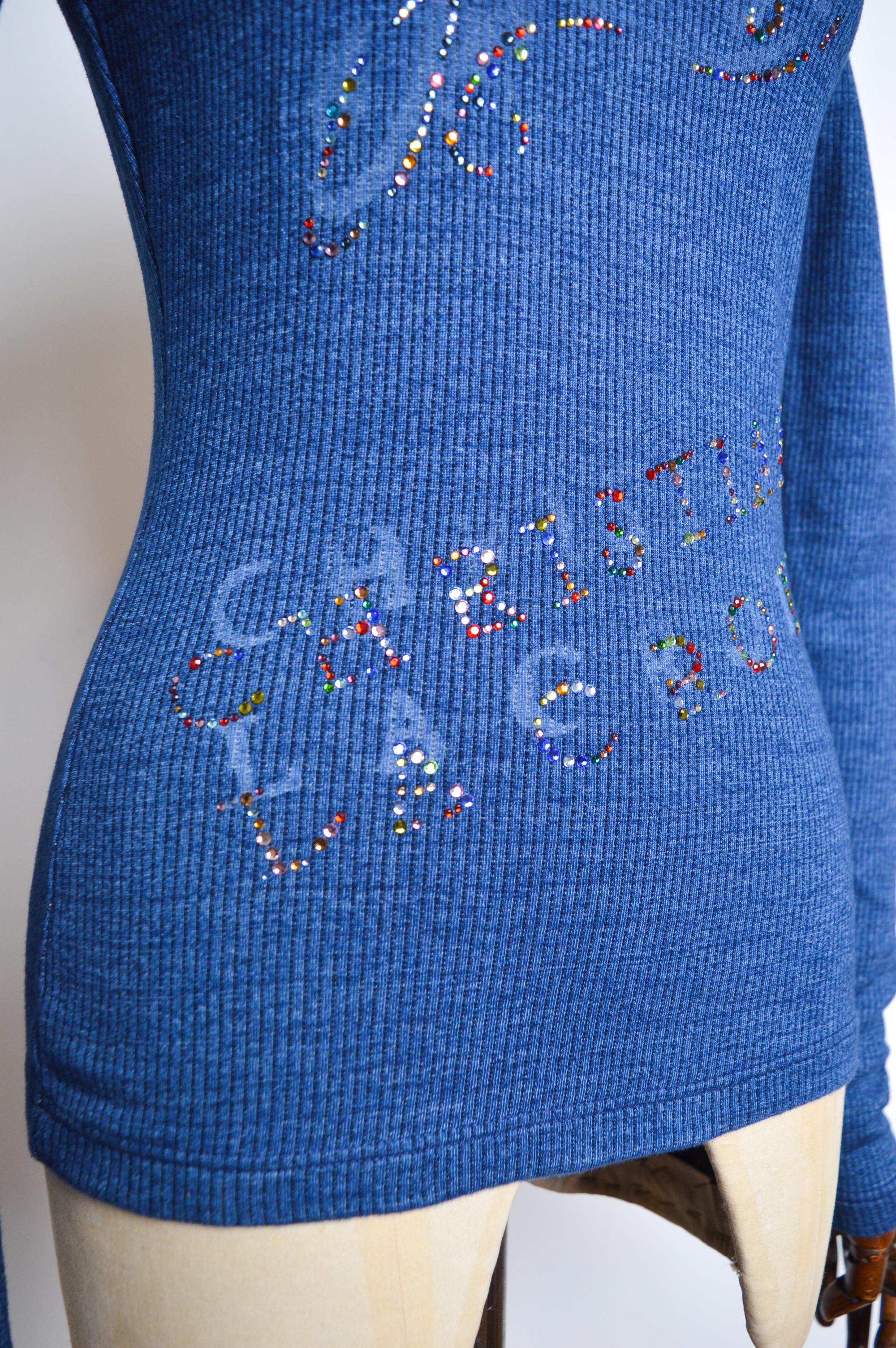 Y2k 2000s Christian Lacroix Ribbed Blue Diamonté Logo long sleeve Top - T Shirt For Sale 7