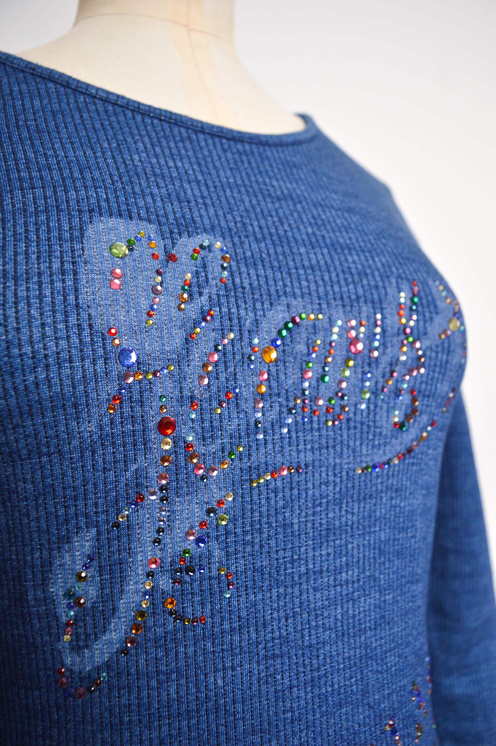 Y2k 2000s Christian Lacroix Ribbed Blue Diamonté Logo long sleeve Top - T Shirt In Good Condition For Sale In Sheffield, GB