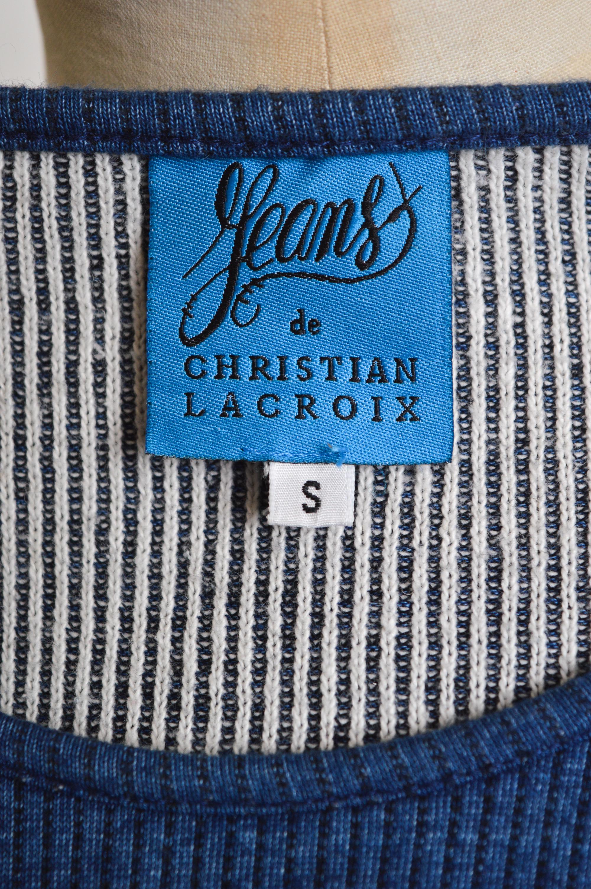 2000er Christian Lacroix Geripptes Blaues Diamonté Logo Langarm Top - T Shirt  im Angebot 3