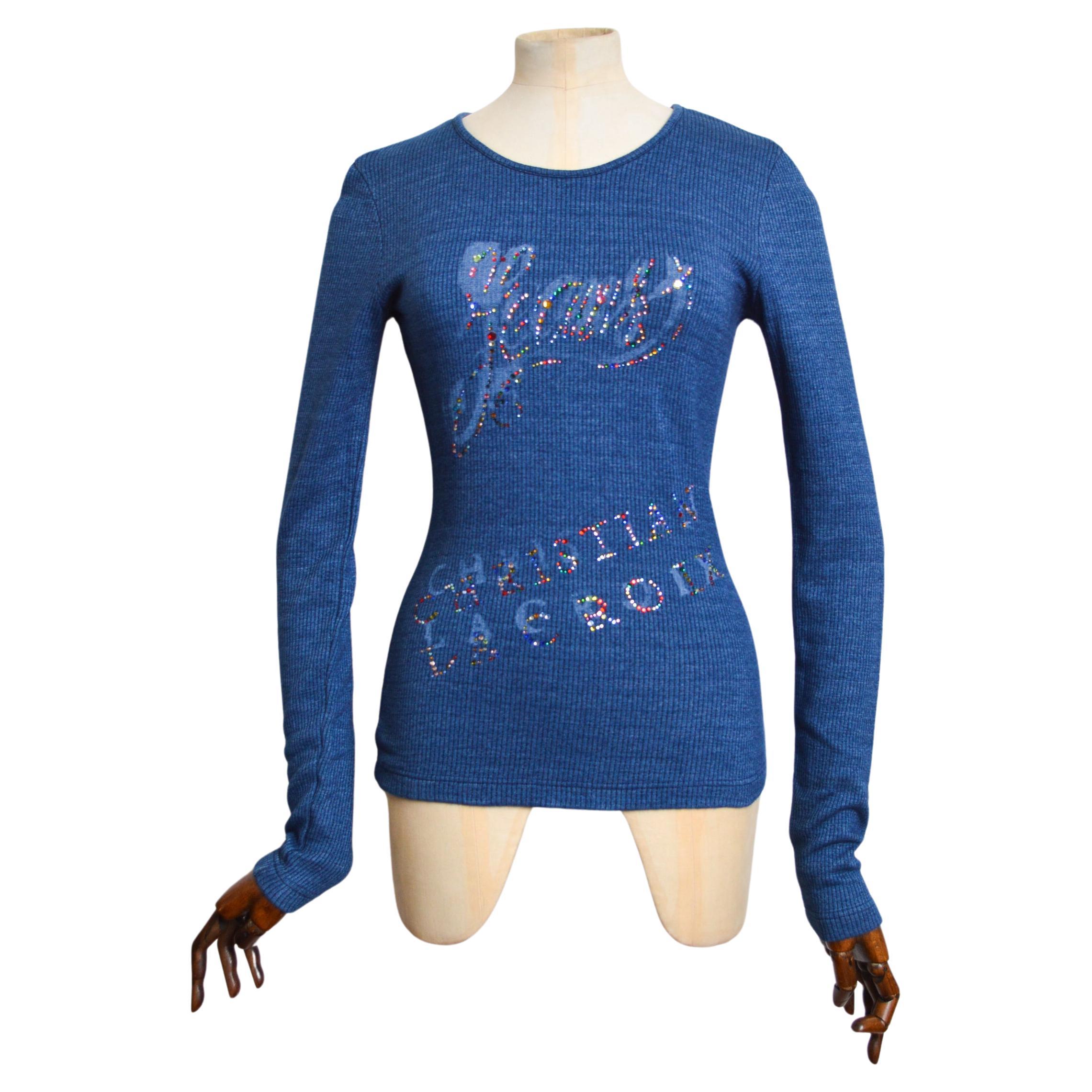 Y2k 2000s Christian Lacroix Ribbed Blue Diamonté Logo long sleeve Top - T Shirt  For Sale