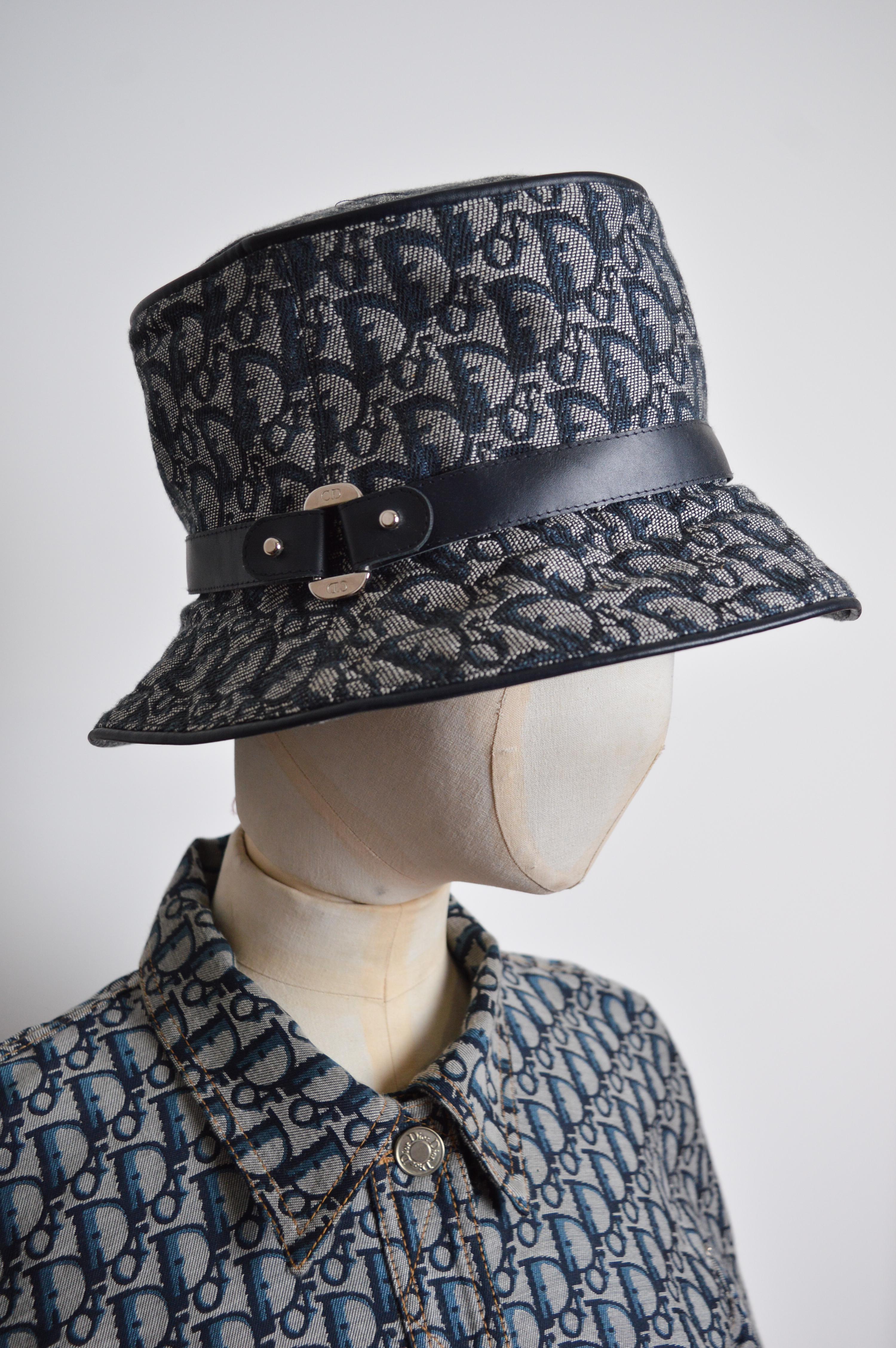 y2k 2000's Galliano era Christian Dior Denim Blue Jacquard Monogram Trotter Hat In Excellent Condition In Sheffield, GB