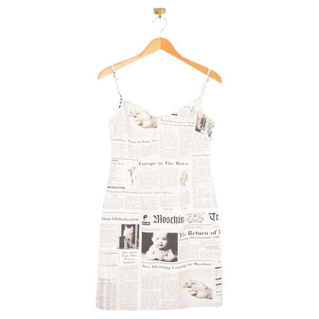 Y2k 2000's Vintage Moschino Newspaper Print Strappy Pattern Mini Dress For Sale