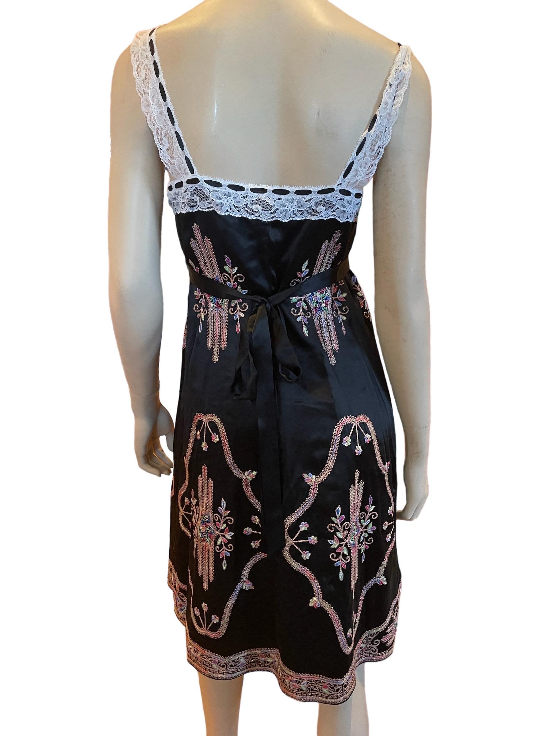 Y2K Black Betsey Johnson Baby Doll Slip Dress, Embroidered with Lace Trim Bodice For Sale 2