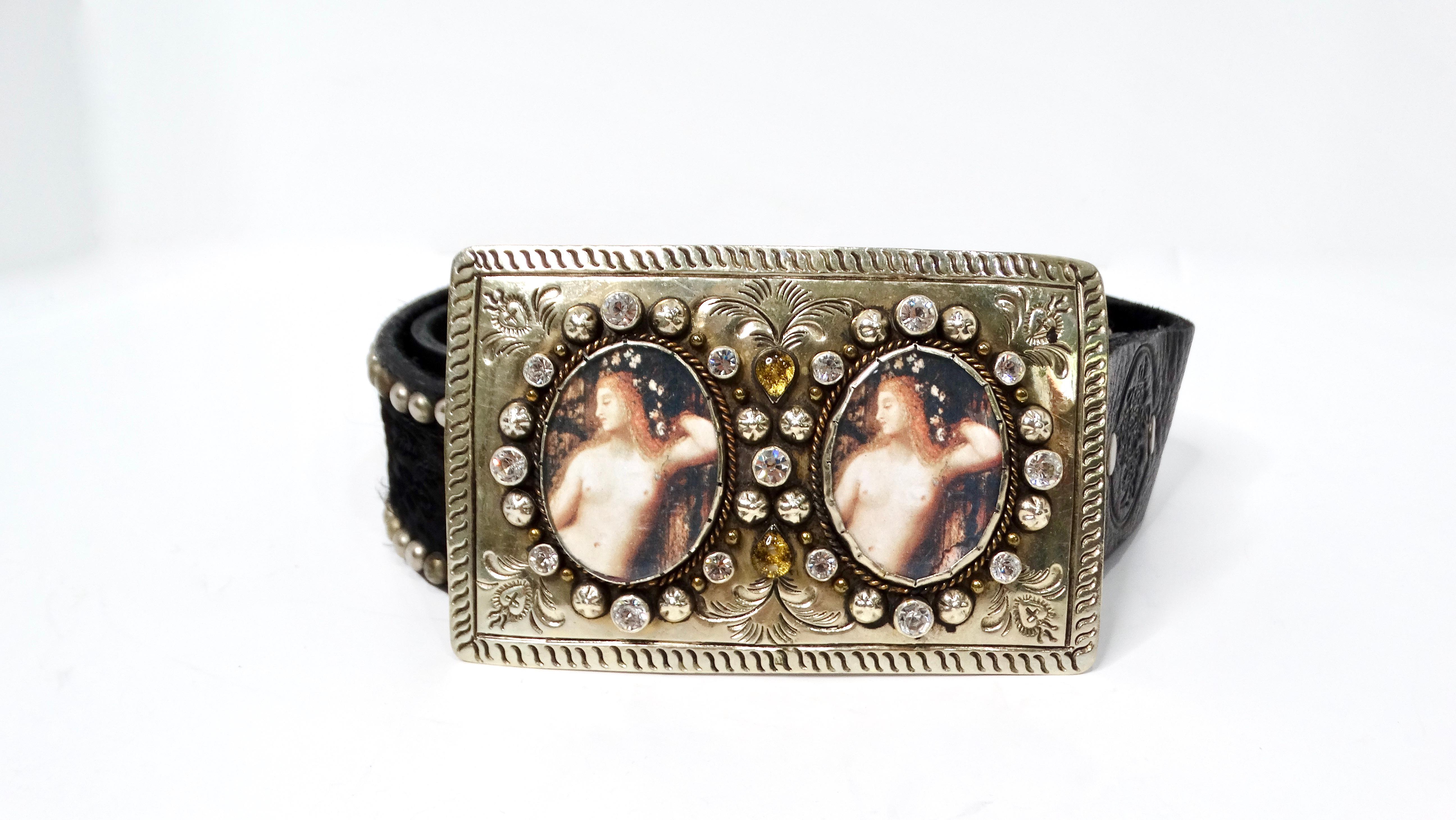 Y2K Black Leather & Silk Studded Belt With Renaissance Rhinestone Buckle In Good Condition For Sale In Scottsdale, AZ