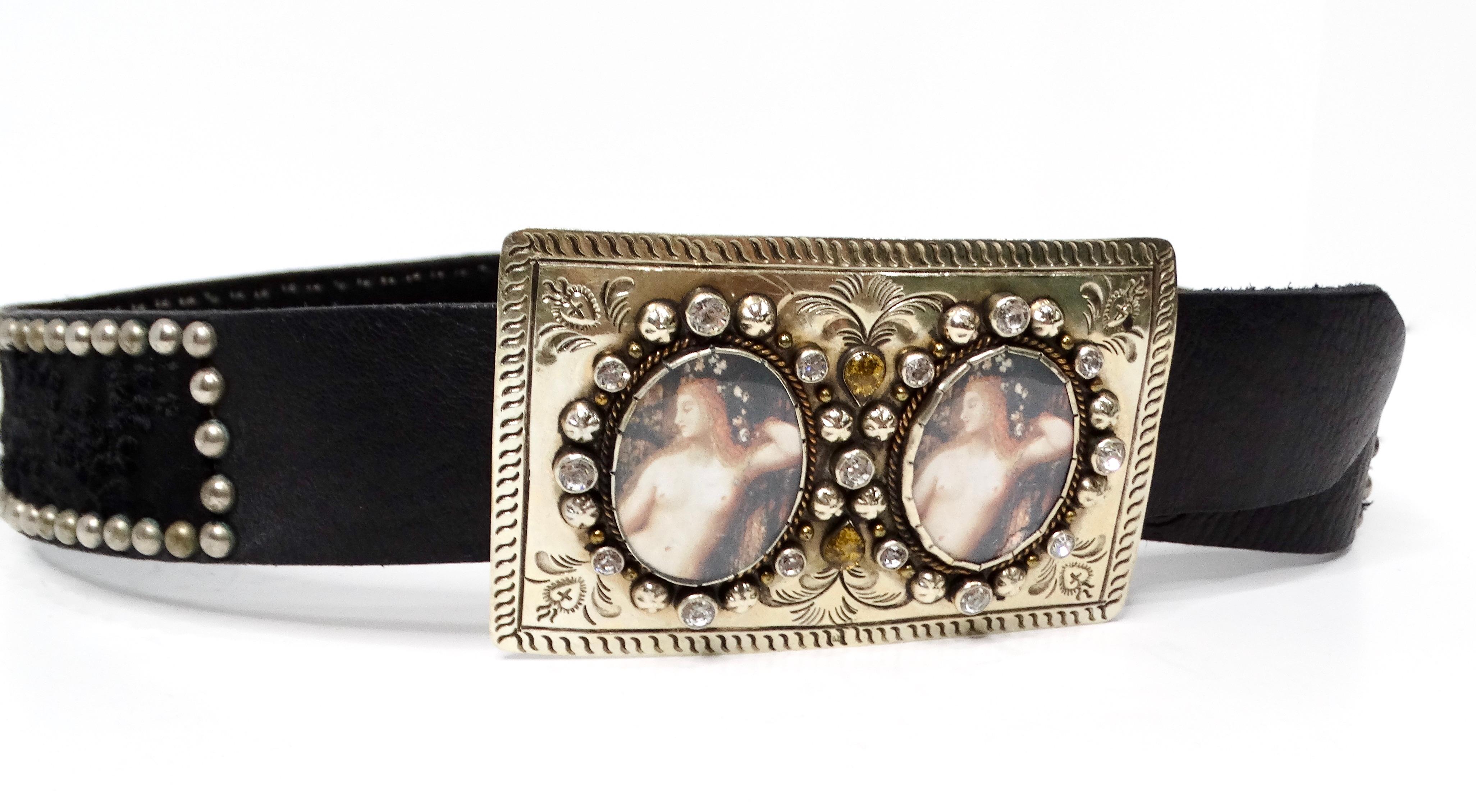 Women's Y2K Black Leather & Silk Studded Belt With Renaissance Rhinestone Buckle For Sale