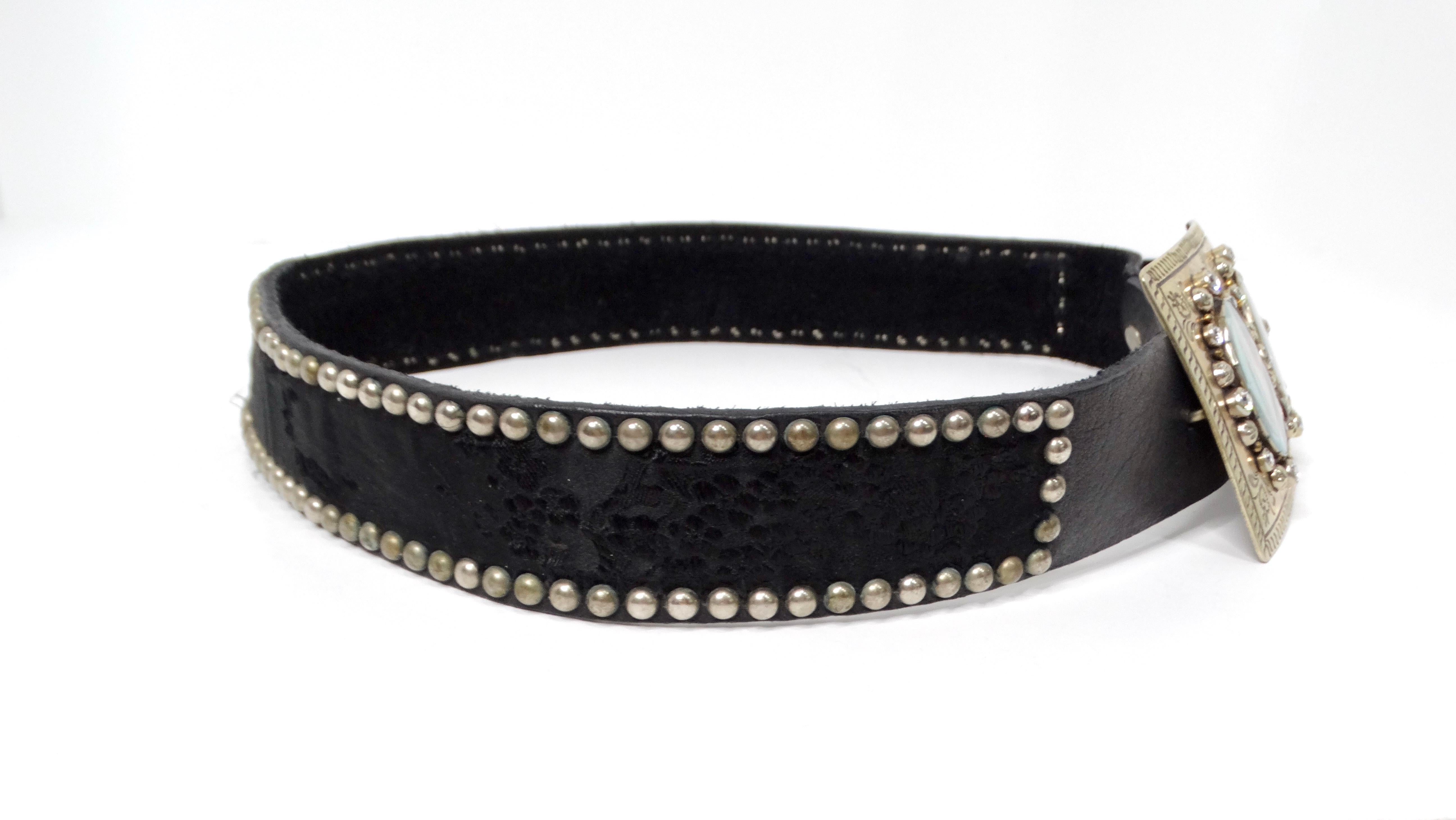 Y2K Black Leather & Silk Studded Belt With Renaissance Rhinestone Buckle For Sale 1