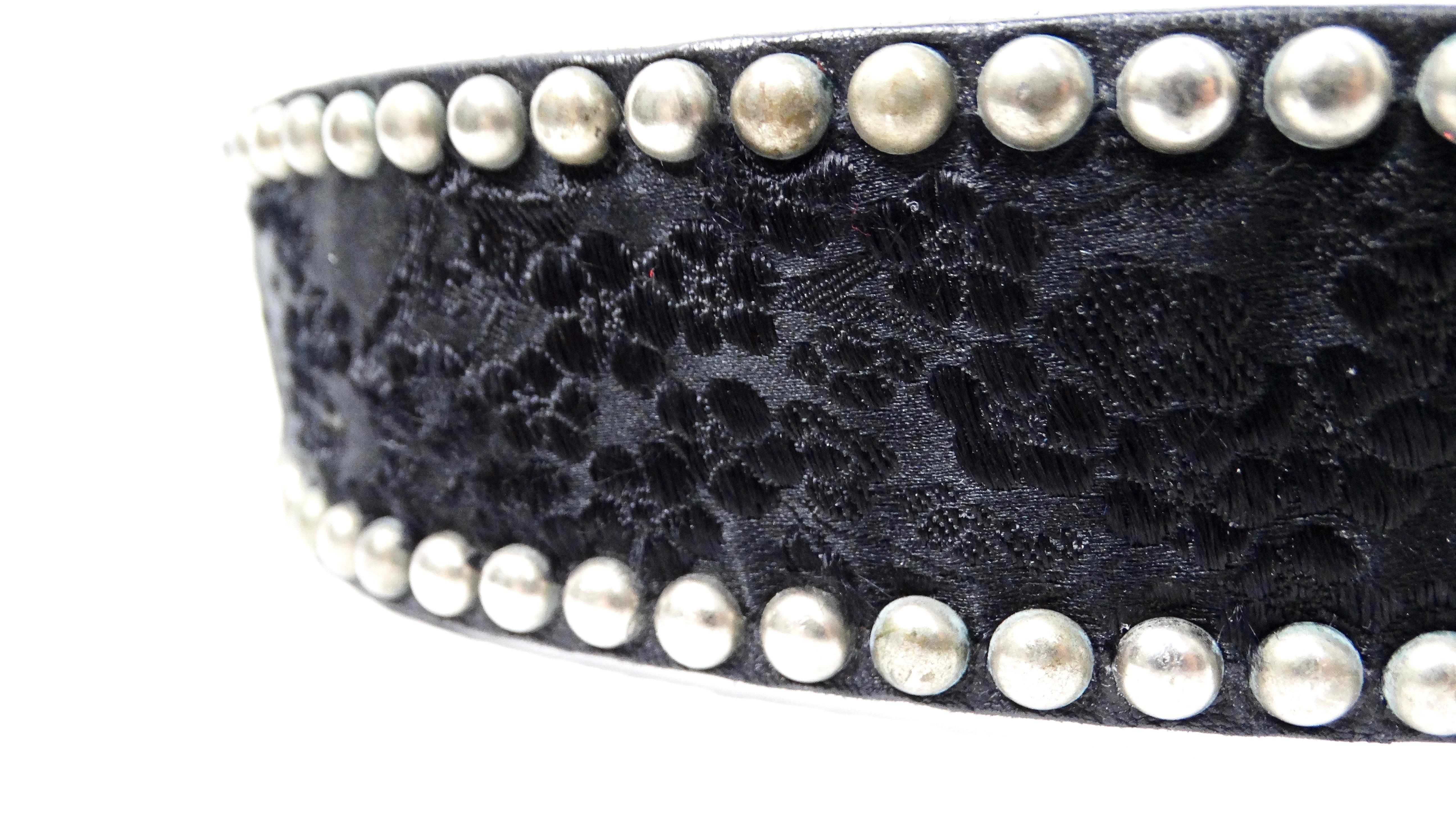 Y2K Black Leather & Silk Studded Belt With Renaissance Rhinestone Buckle For Sale 2