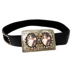 Y2K Black Leather & Silk Studded Belt With Renaissance Rhinestone Buckle