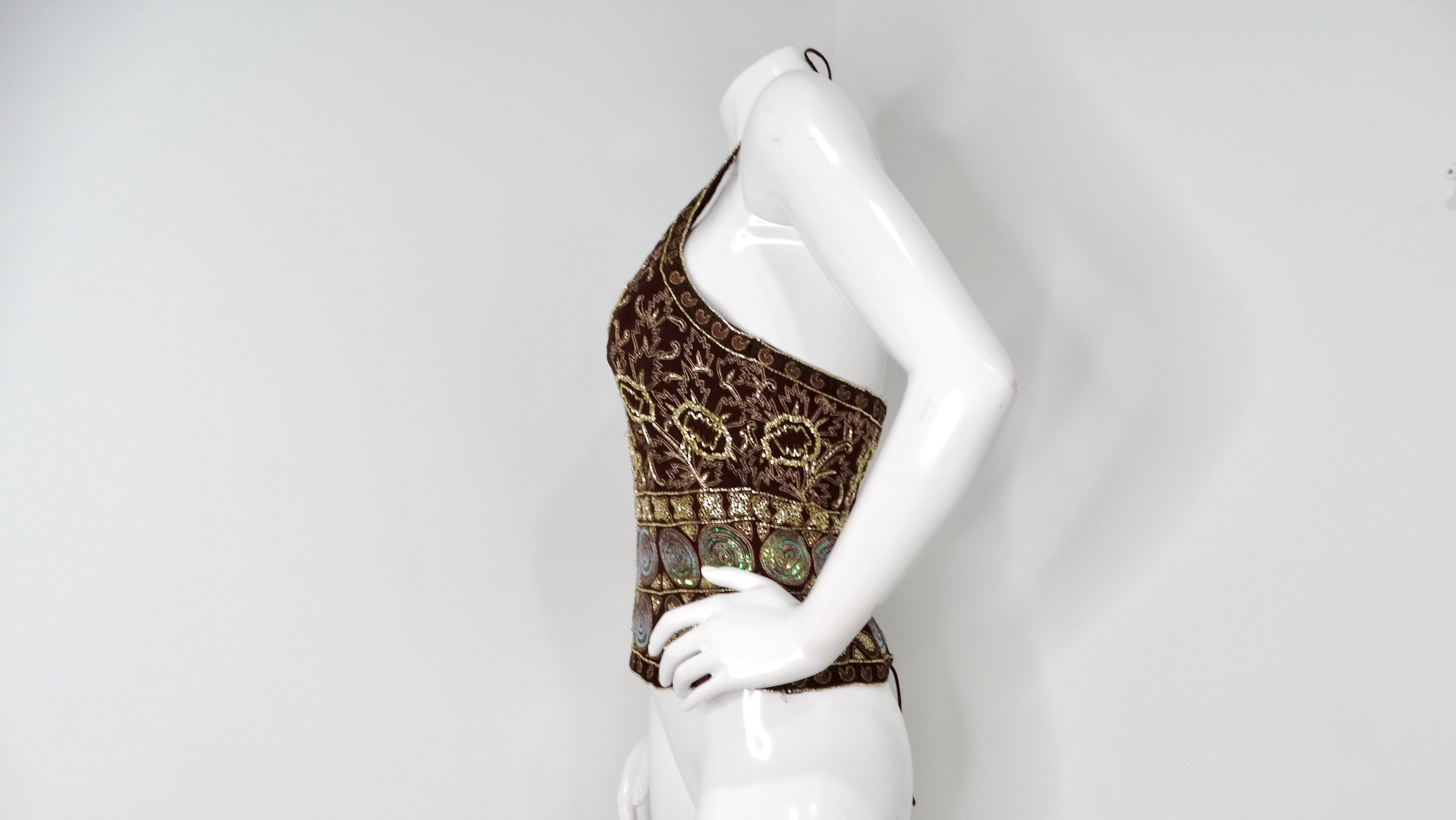 Donna Y2K - Top marrone e multicolore con perline, bustier con allacciatura alla caviglia in vendita