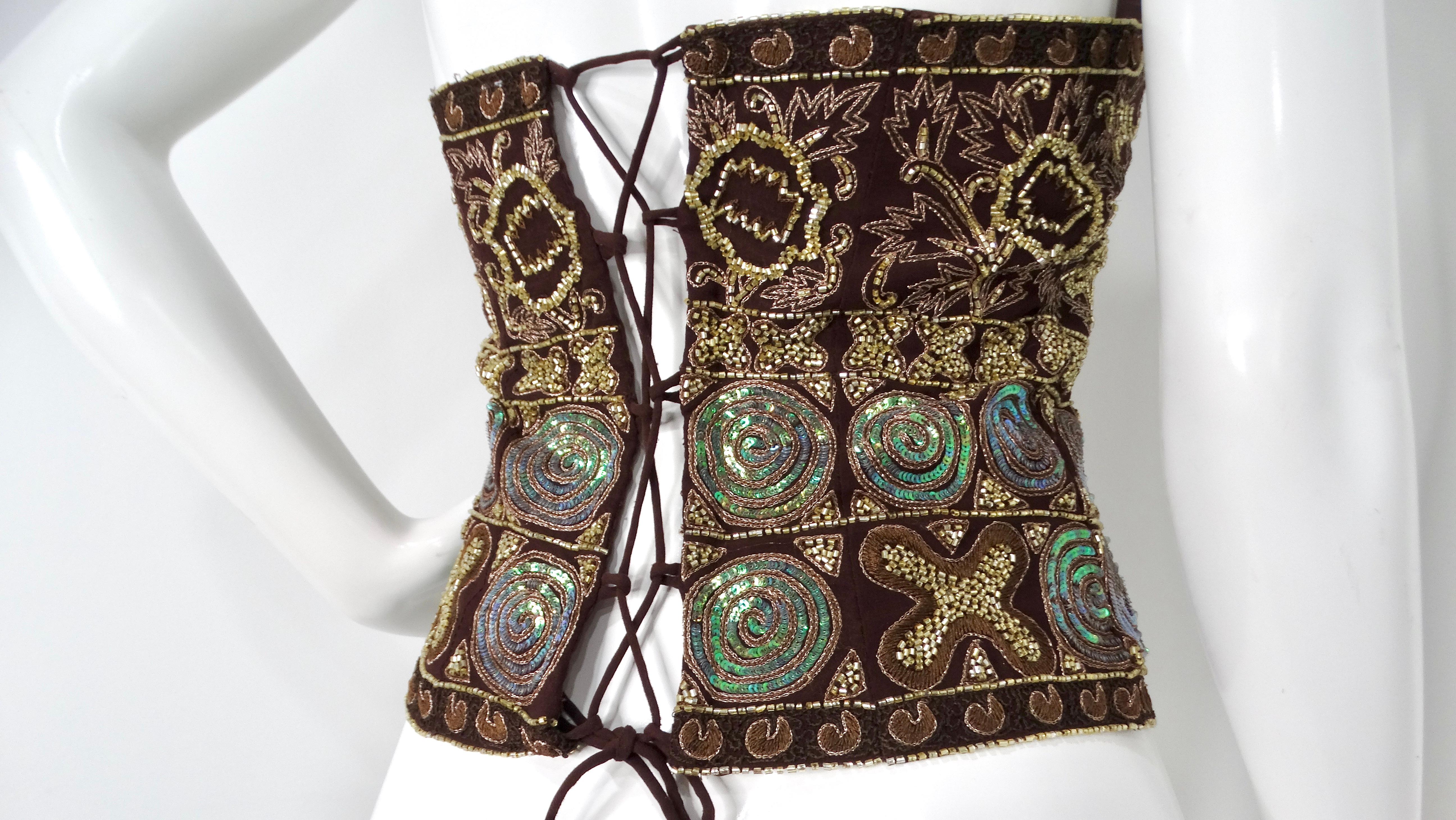 Y2K - Top marrone e multicolore con perline, bustier con allacciatura alla caviglia in vendita 1