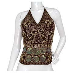 Y2K Brown & Multicolor Beaded Bustier Lace-Up Halter Top