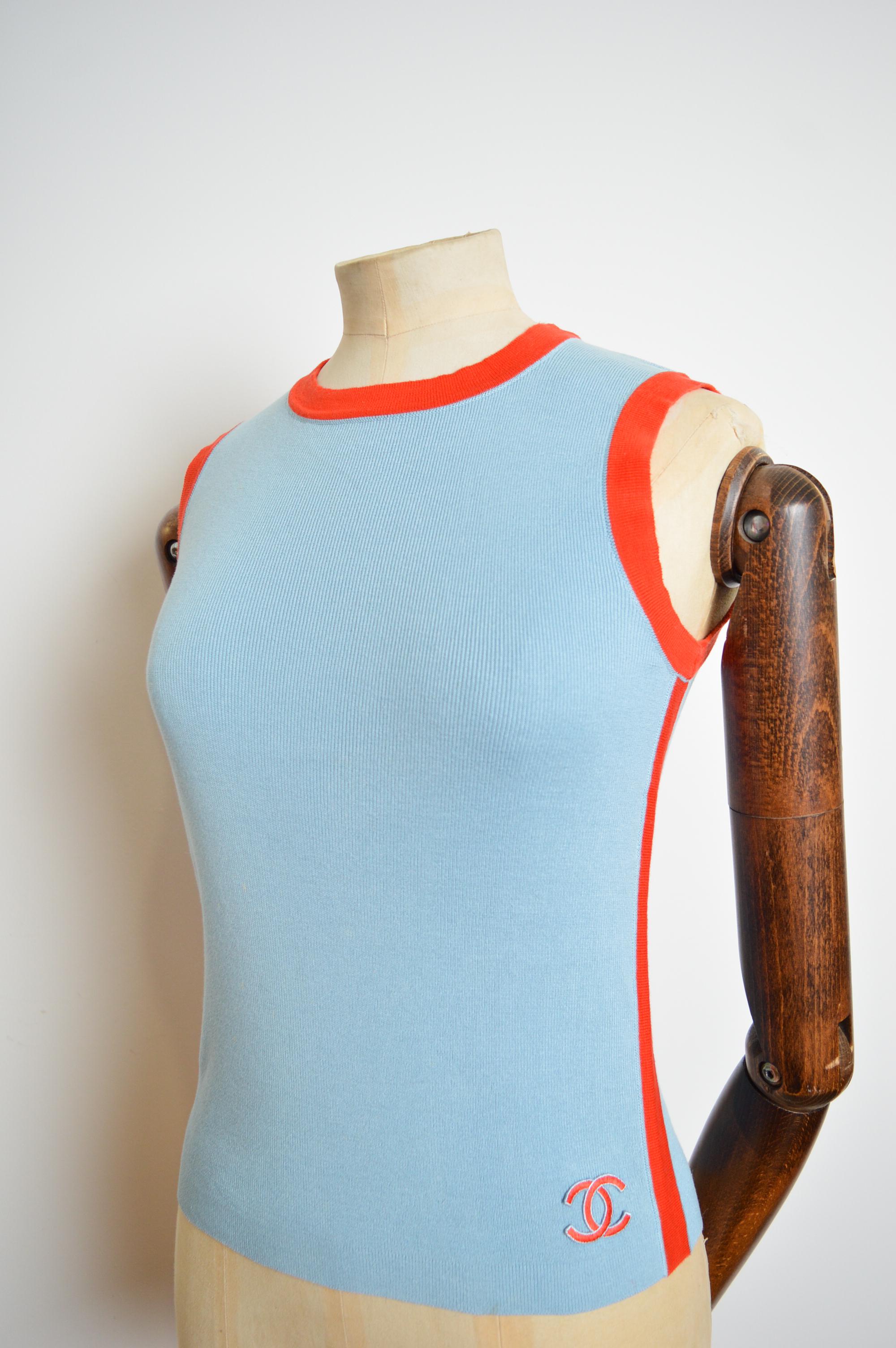 Y2k Chanel 2002 Baby Blue & Orange knit Sleeveless Sweater - Tank top vest 1