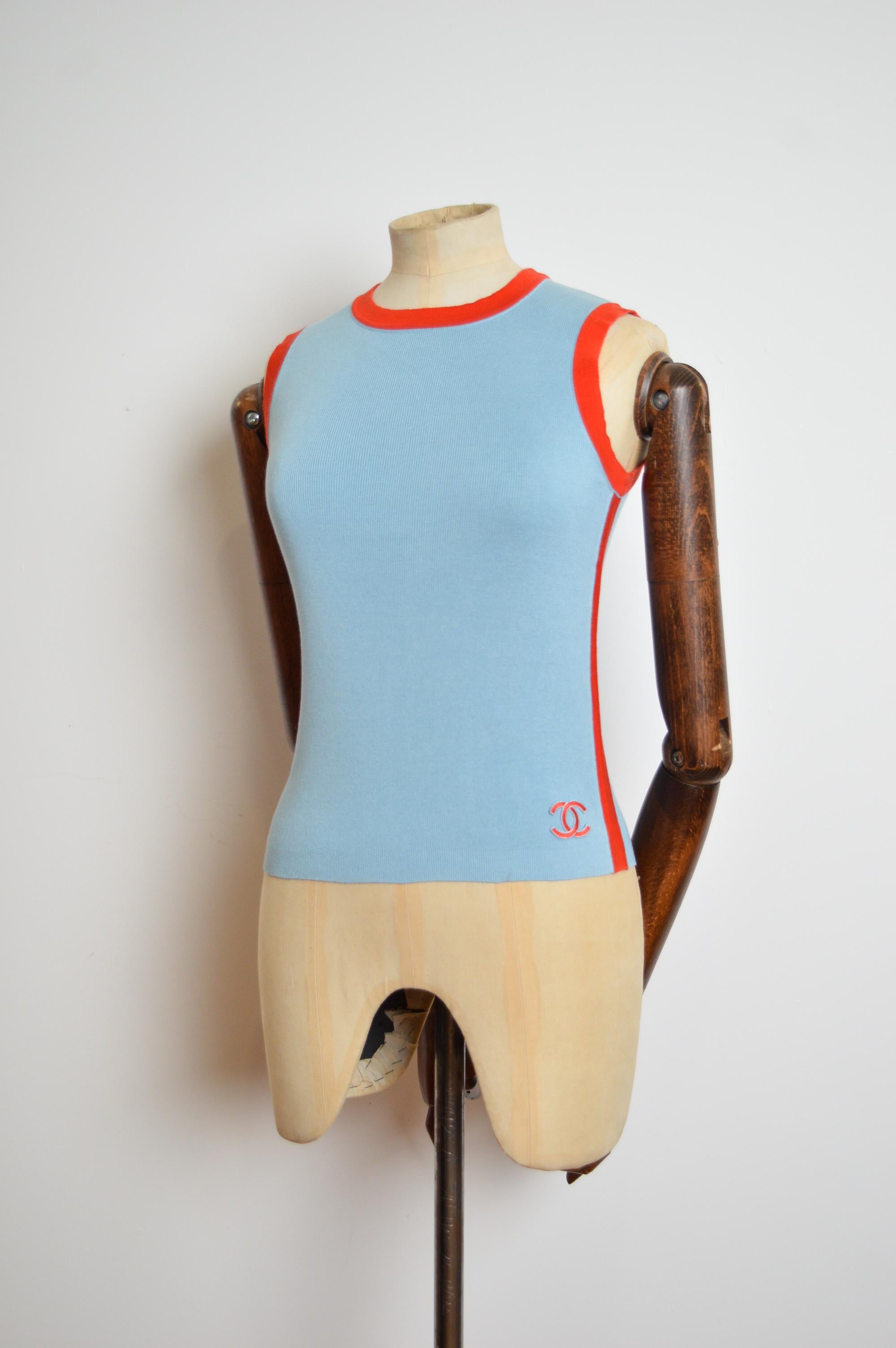 Y2k Chanel 2002 Baby Blue & Orange knit Sleeveless Sweater - Tank top vest 4