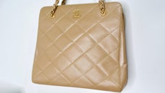 Y2K Chanel Beige Pearlescent Caviar Leather Handbag With Gold-Tone Hardware
