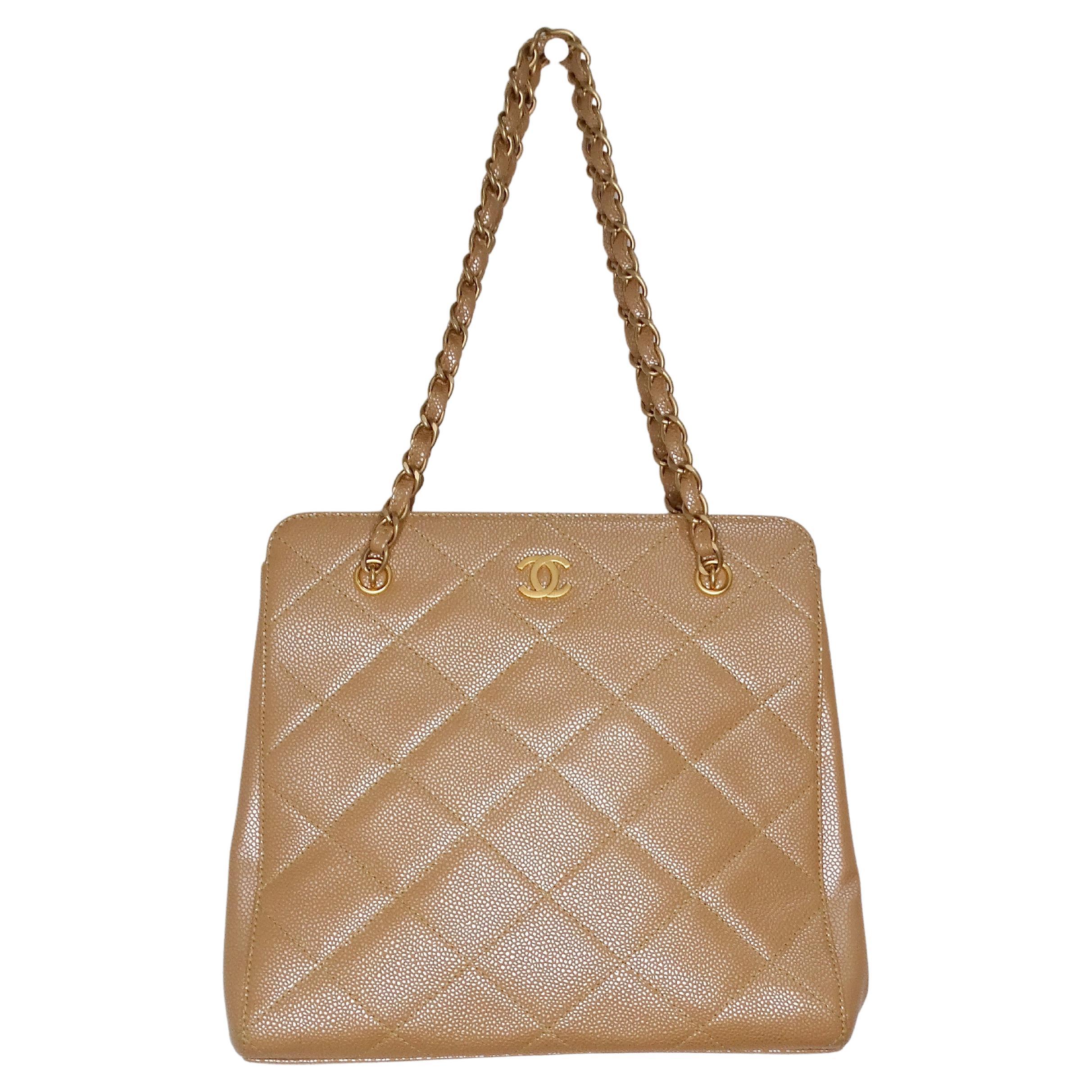 Y2K Chanel Beige Pearlescent Caviar Leather Handbag With Gold-Tone Hardware