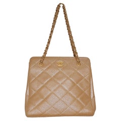 Y2K Chanel Beige Pearlescent Caviar Leather Handbag With Gold-Tone Hardware