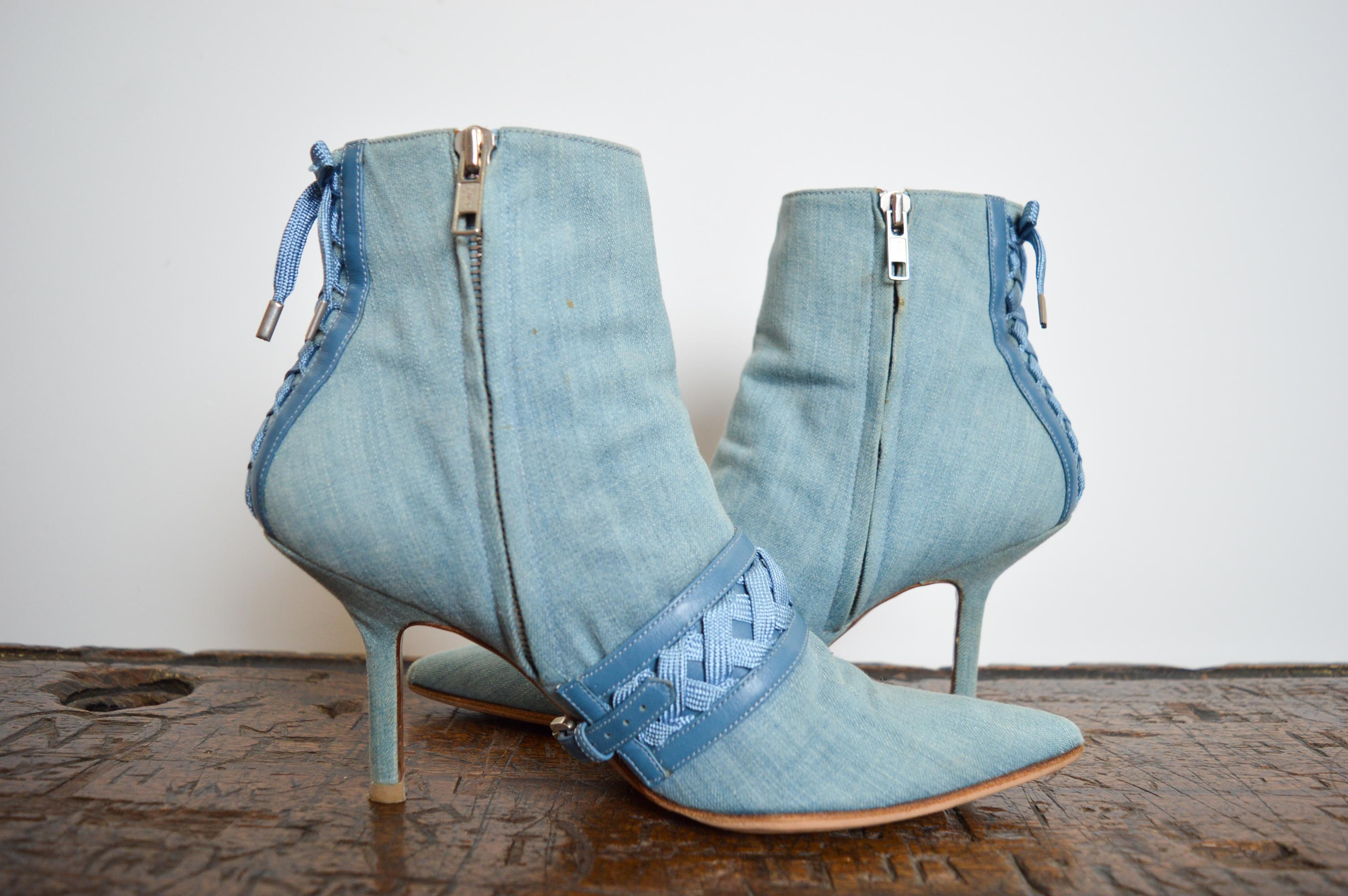 Y2k Christian Dior by Galliano Pale blue denim ‘admit it’ High heels ankle boots For Sale 5