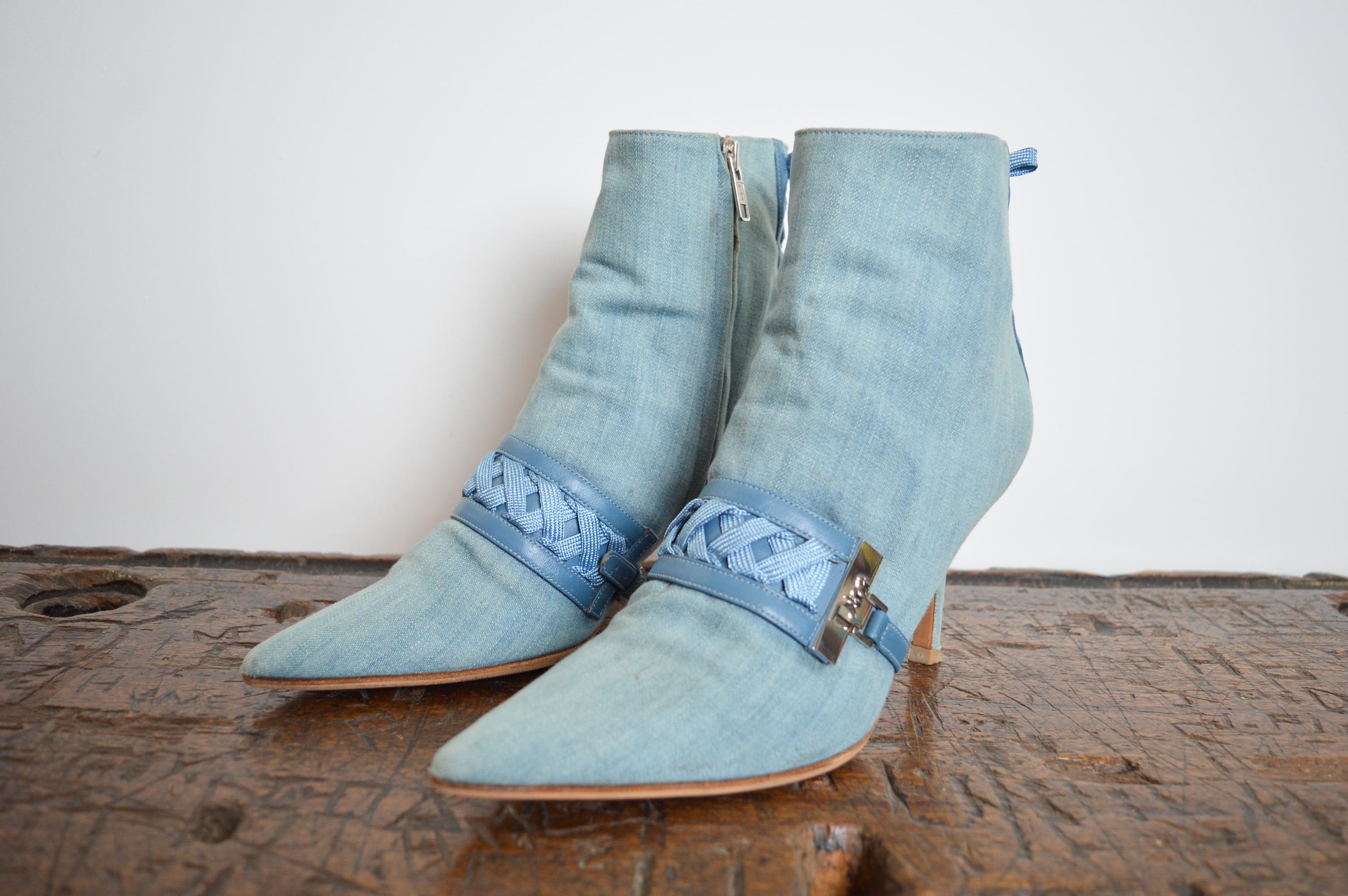 Fabulous Pale blue Christian Dior denim ‘admit it’ heels ankle boots.

Features;
Lace up back detail 
Interior chrome zips
Leather soles
Detachable bracelet details
Iconic John Galliano era design
CD stamped chrome hardware
U.K. Size 5.5 / EU Size