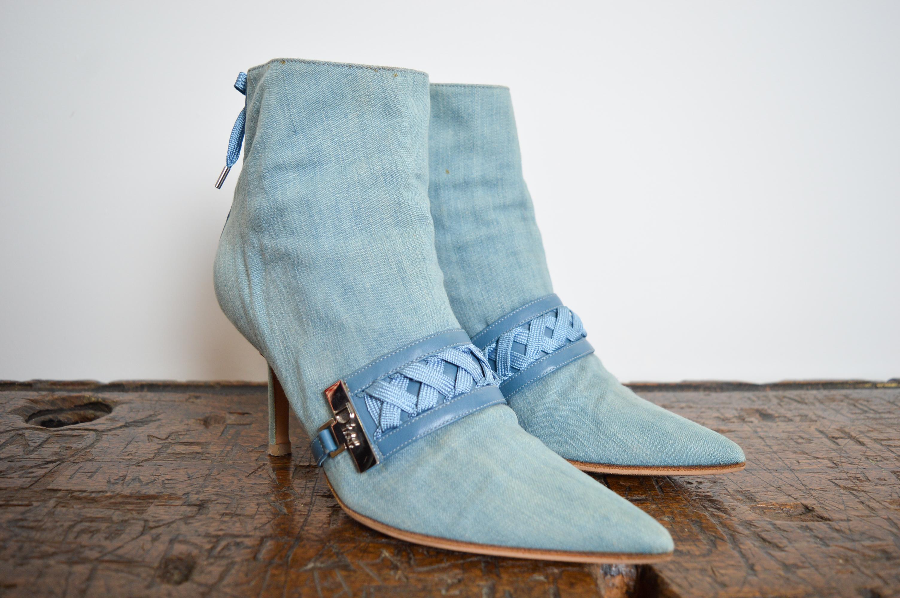 Women's Y2k Christian Dior by Galliano Pale blue denim ‘admit it’ High heels ankle boots For Sale