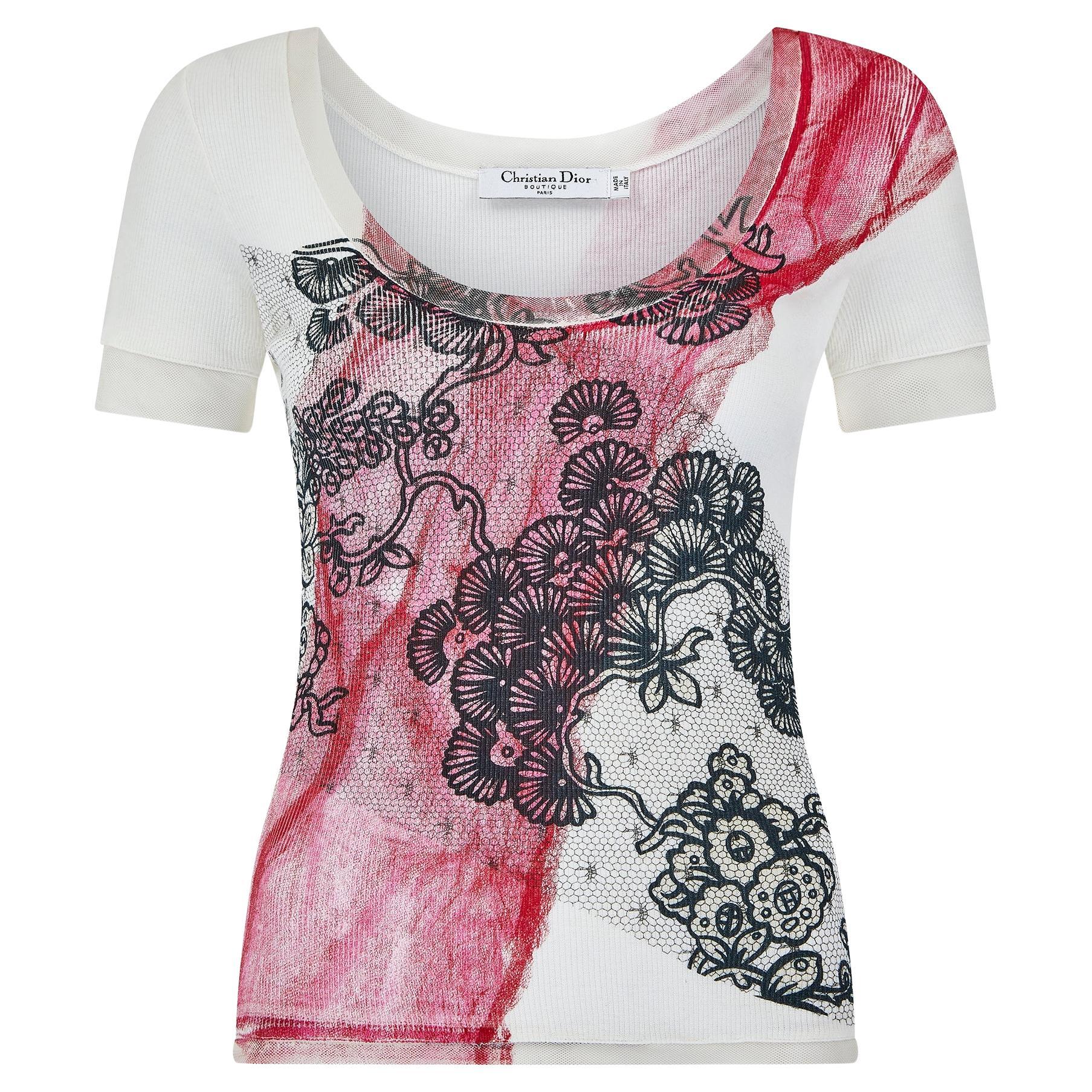 Y2K Christian Dior Ribbed Cotton and Mesh T-Shirt For Sale