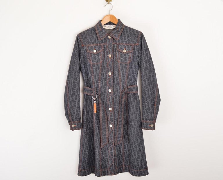 Y2K Christian Dior Spring 2006 Blue Denim Trotter Print Trench