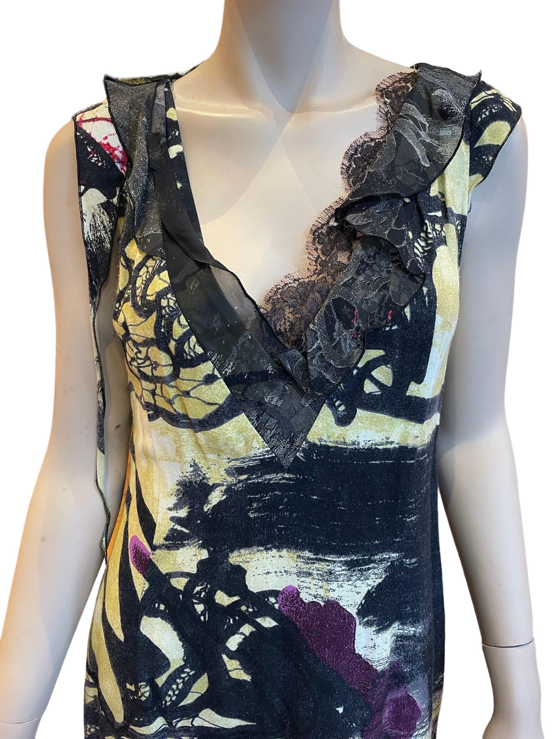 Y2K Christian Lacroix Yellow Abstract Whimsy Goth Sleeveless Dress 

A fashionable causal going out dress. Adorable whimsy goth vibes with an abstract print and lacy detail around the V neckline. Can be dressed up or down. Very comfortable. The