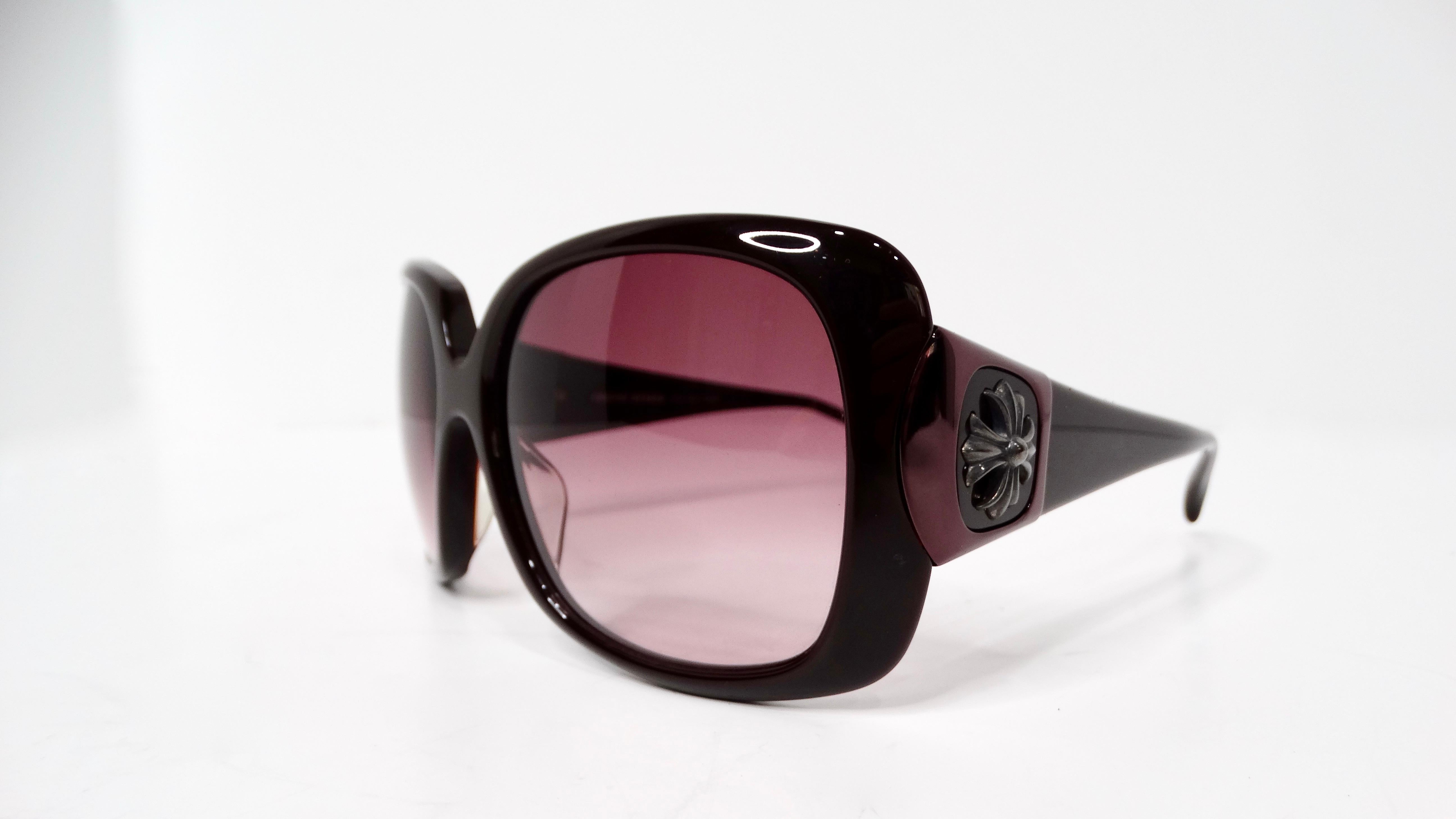 Brown Y2K Chrome Hearts Oversized Chinnutz Black & Purple Tinted Lens Sunglasses For Sale