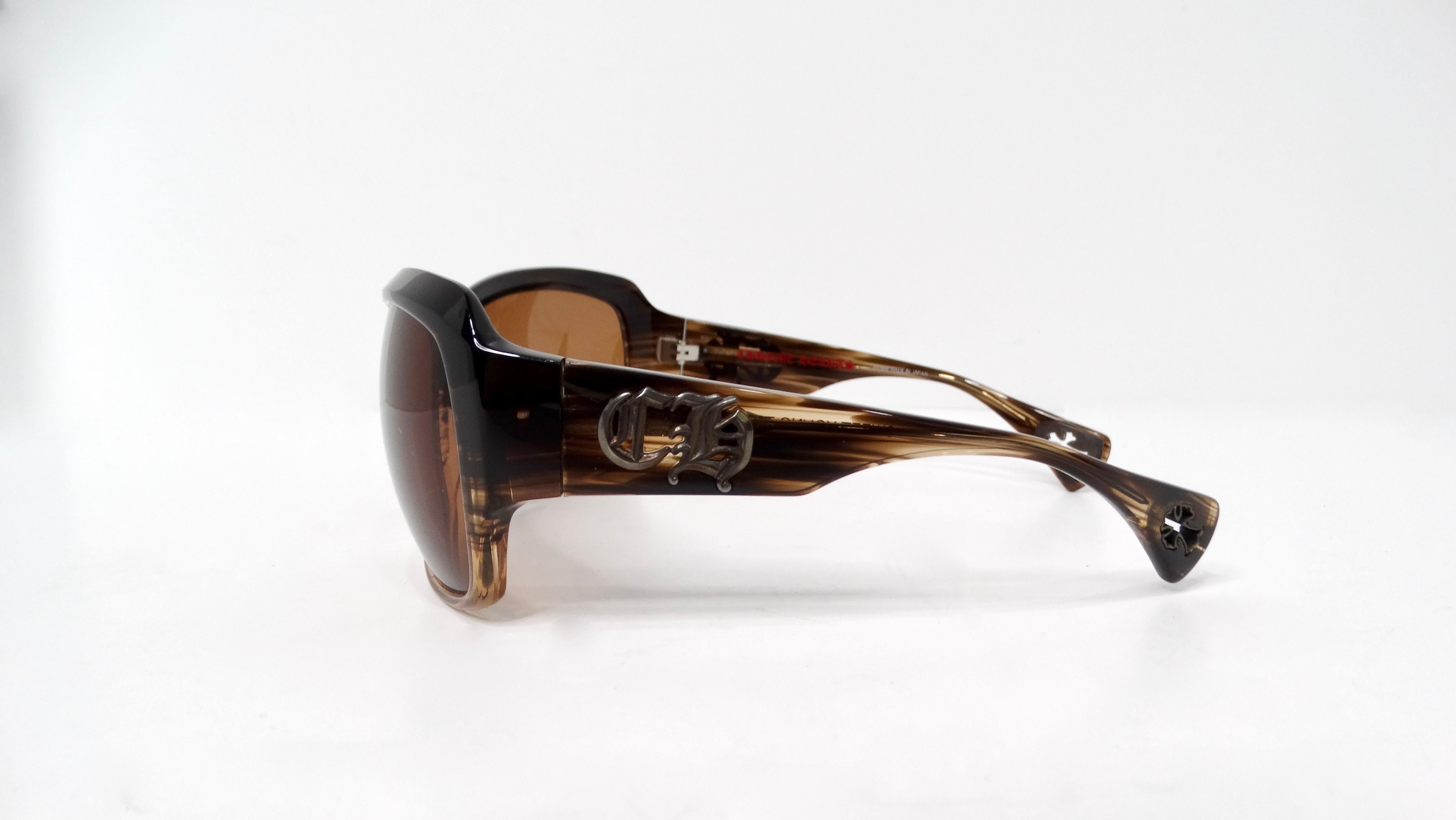 Introducing the Y2K Chrome Hearts Sweet Young Thang II Oversized Brown Acetate Sunglasses, a bold statement piece that embodies the quintessential edgy glamour of early 2000s fashion. These oversized sunglasses feature a large circular design made