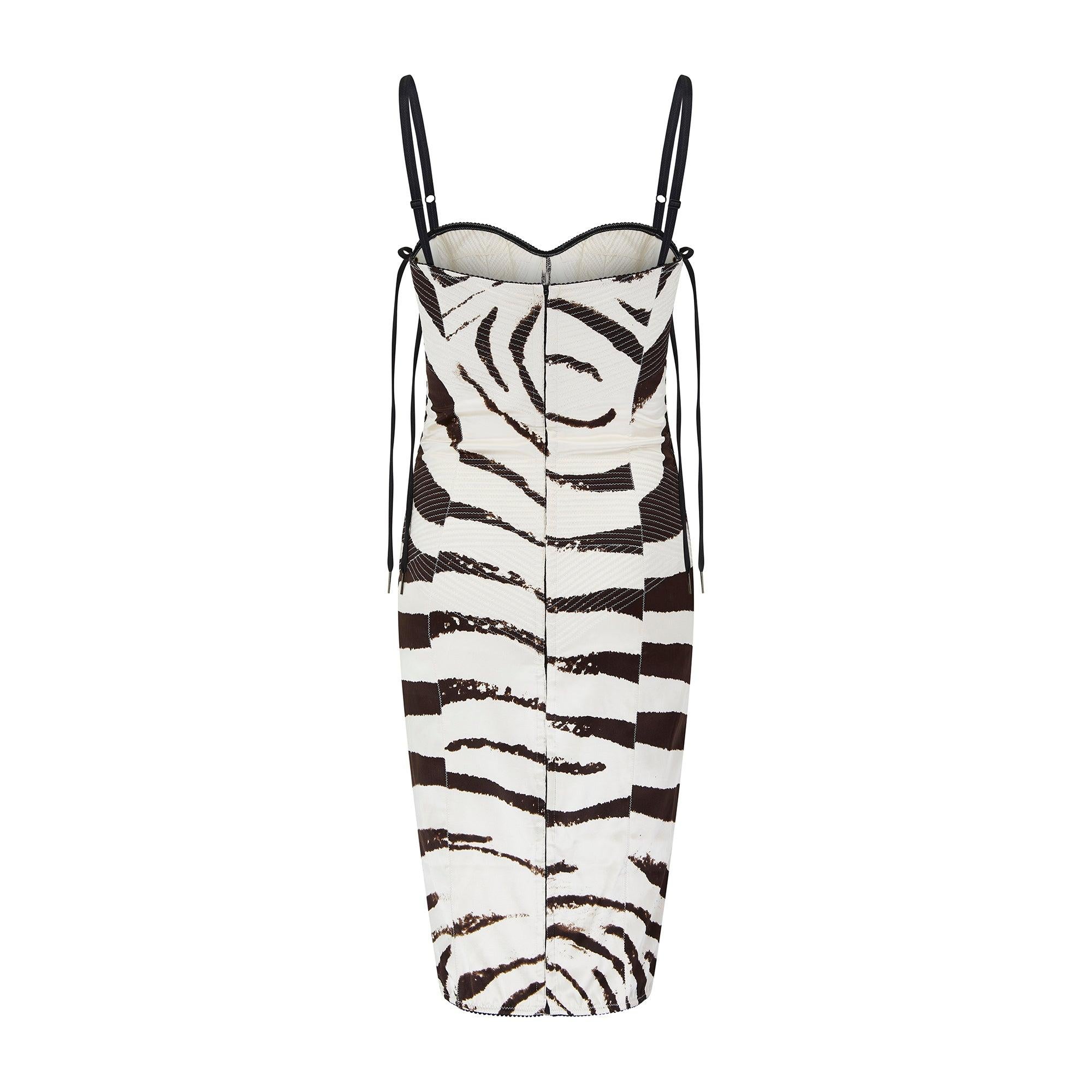 Y2K Dolce und Gabbana Gestepptes Seidenkorsettkleid mit Zebradruck und Korsett im Zustand „Hervorragend“ im Angebot in London, GB