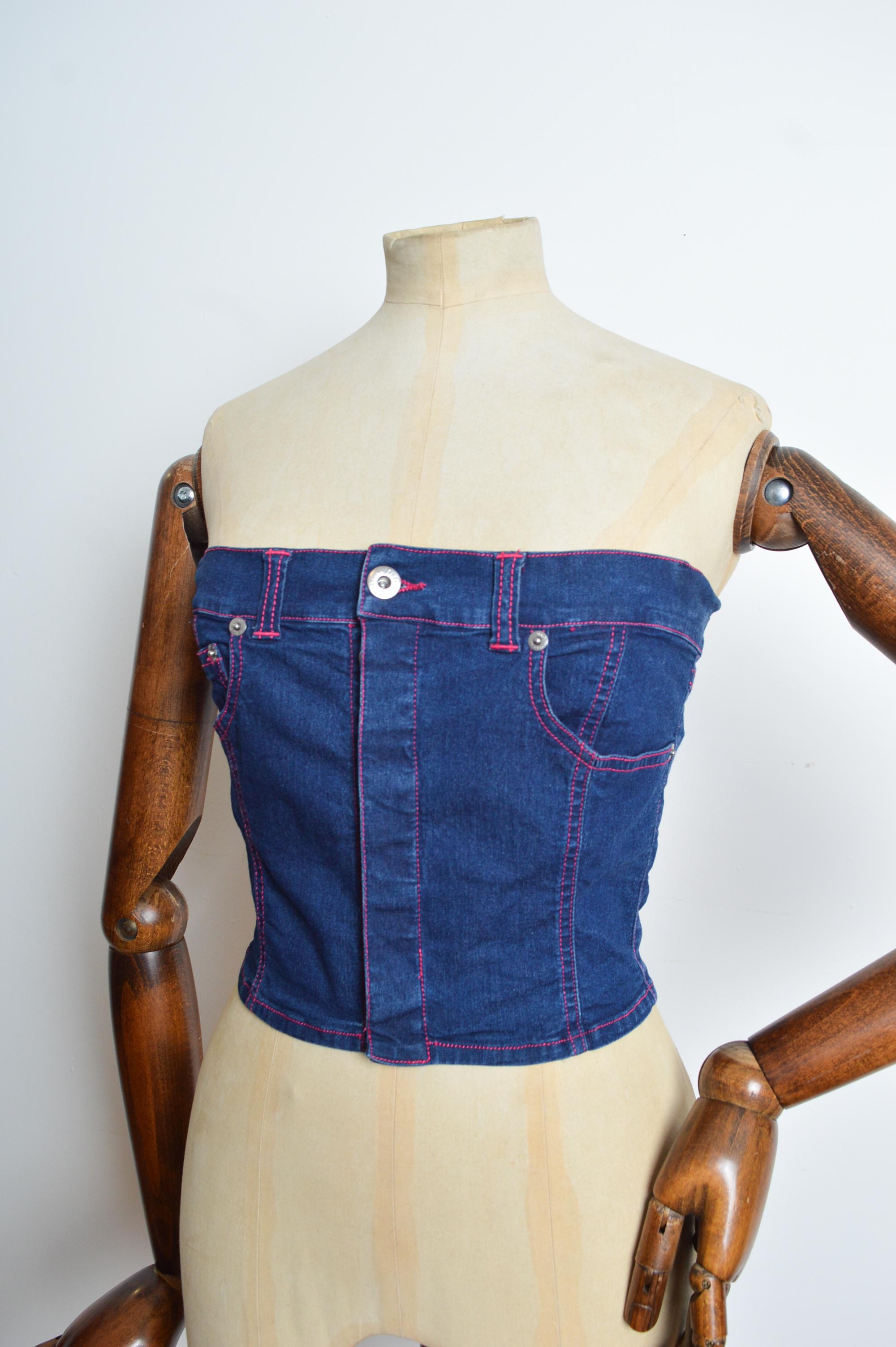 Y2K Dolce & Gabbana Indigo Denim Bustier corset - Dark Blue Denim Top In Good Condition For Sale In Sheffield, GB