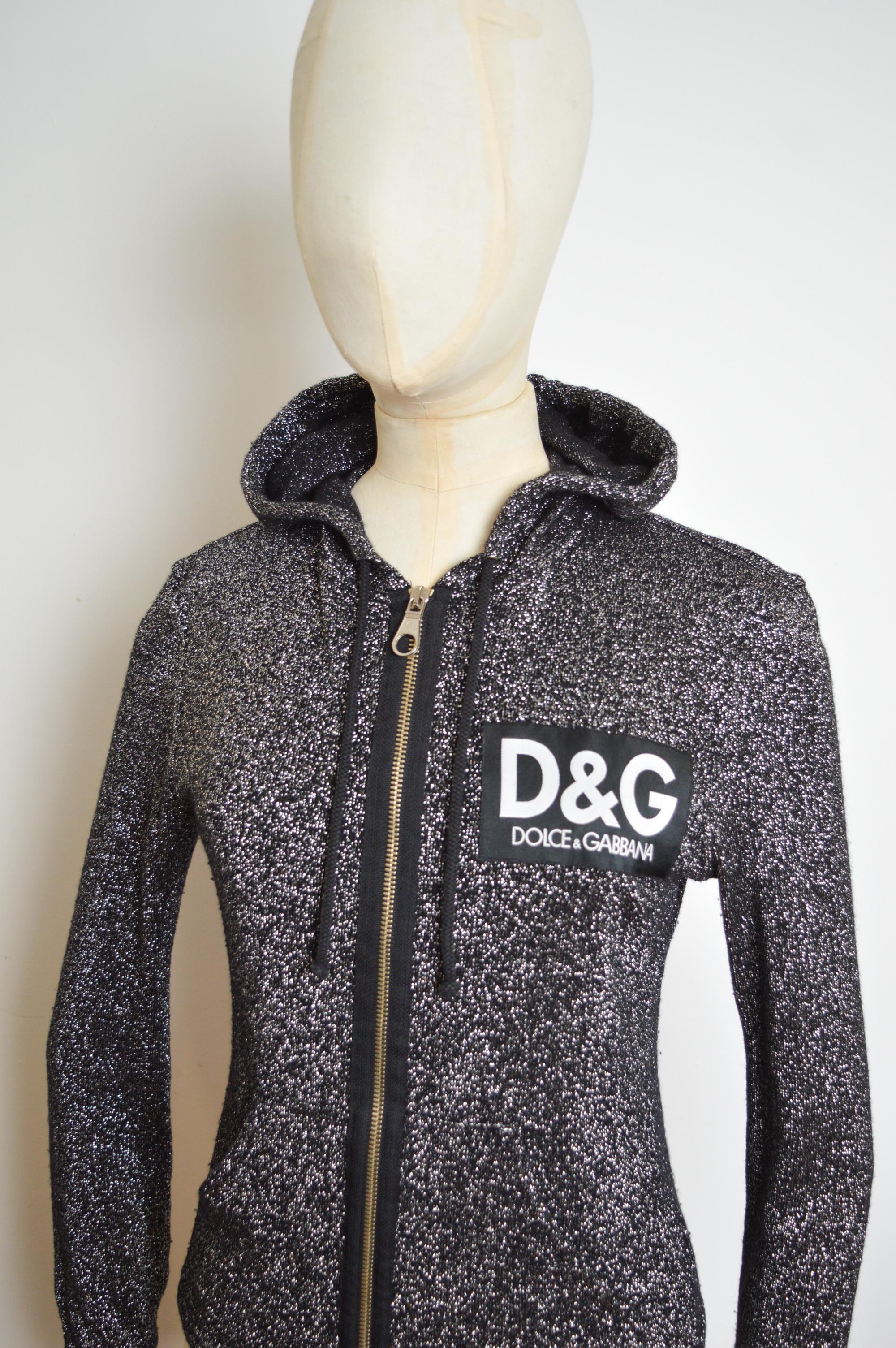 Y2k DOLCE & GABBANA Sparkly Silver Lamé Knit Hooded Zip Up Cardigan Jacket For Sale 9