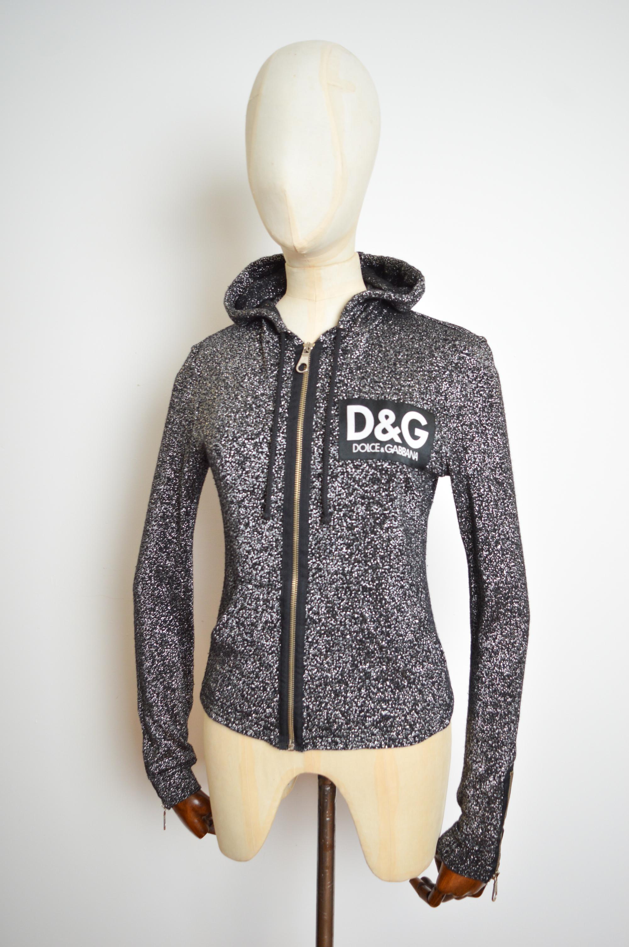 Y2k DOLCE & GABBANA Sparkly Silver Lamé Knit Hooded Zip Up Cardigan Jacket In Excellent Condition For Sale In Sheffield, GB