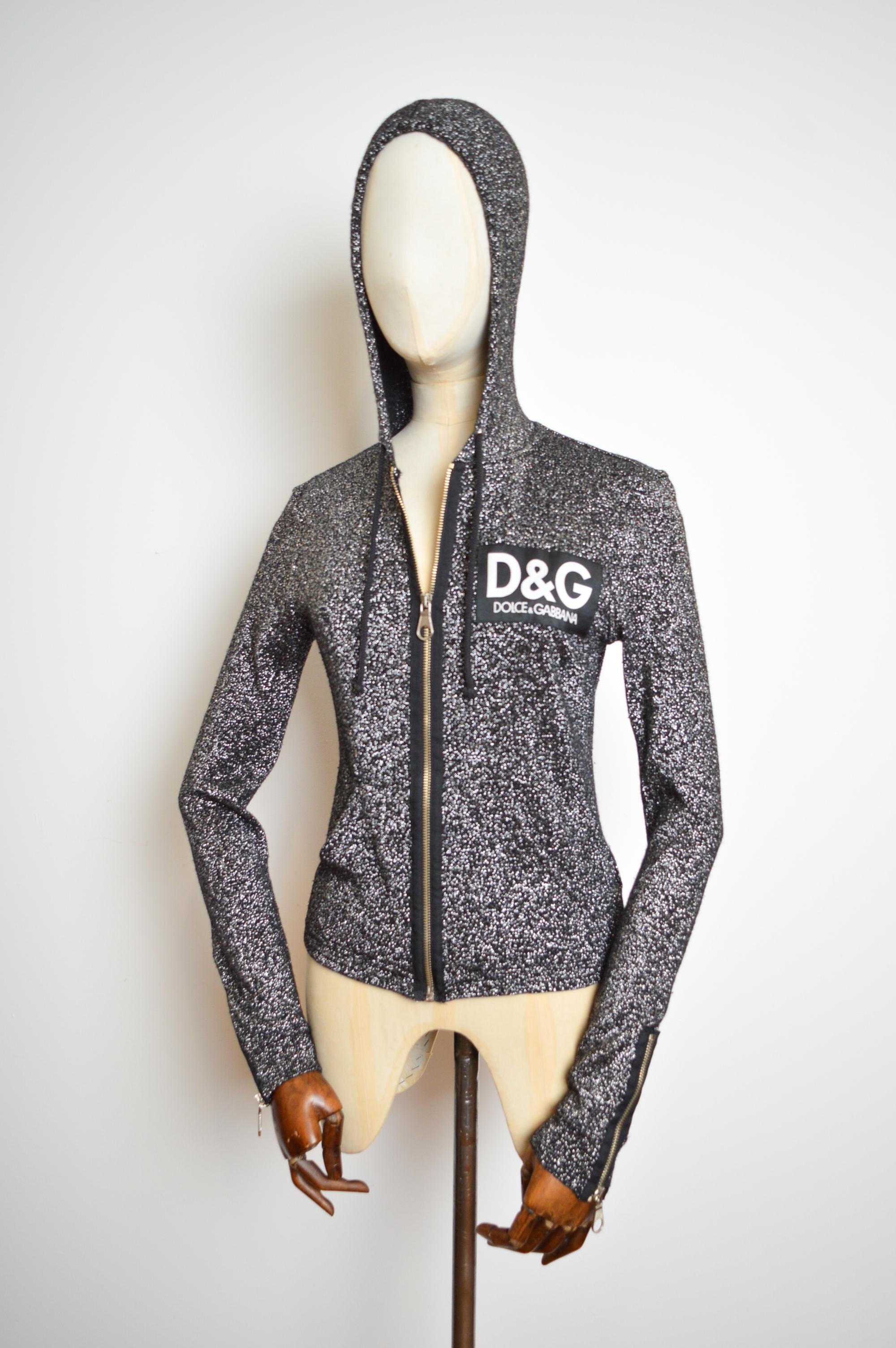 Y2k DOLCE & GABBANA Sparkly Silver Lamé Knit Hooded Zip Up Cardigan Jacket For Sale 2