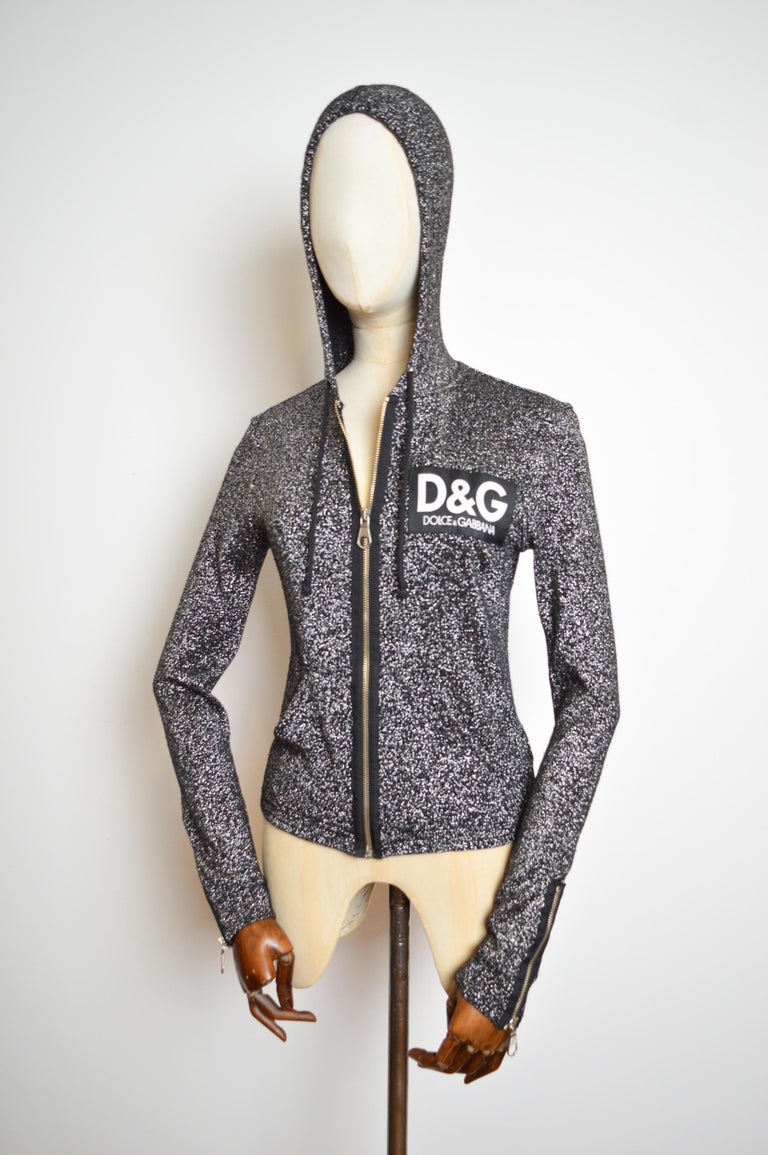 Y2k DOLCE and GABBANA Sparkly Silver Lamé Knit Hooded Zip Up 