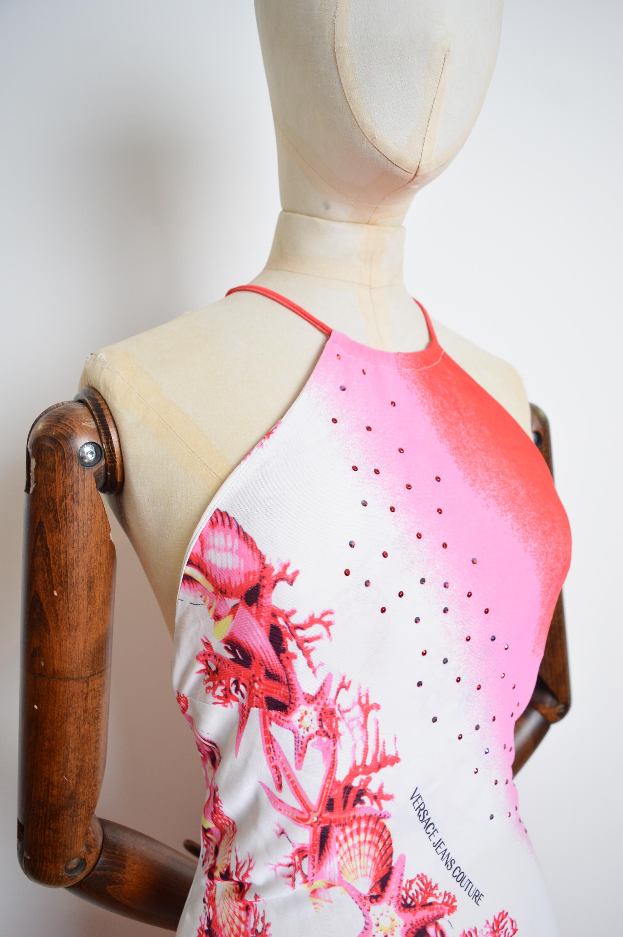Y2k Donatella Versace 2000's Pink Ombré Sea shell pattern Backless Sparkly Dress 7