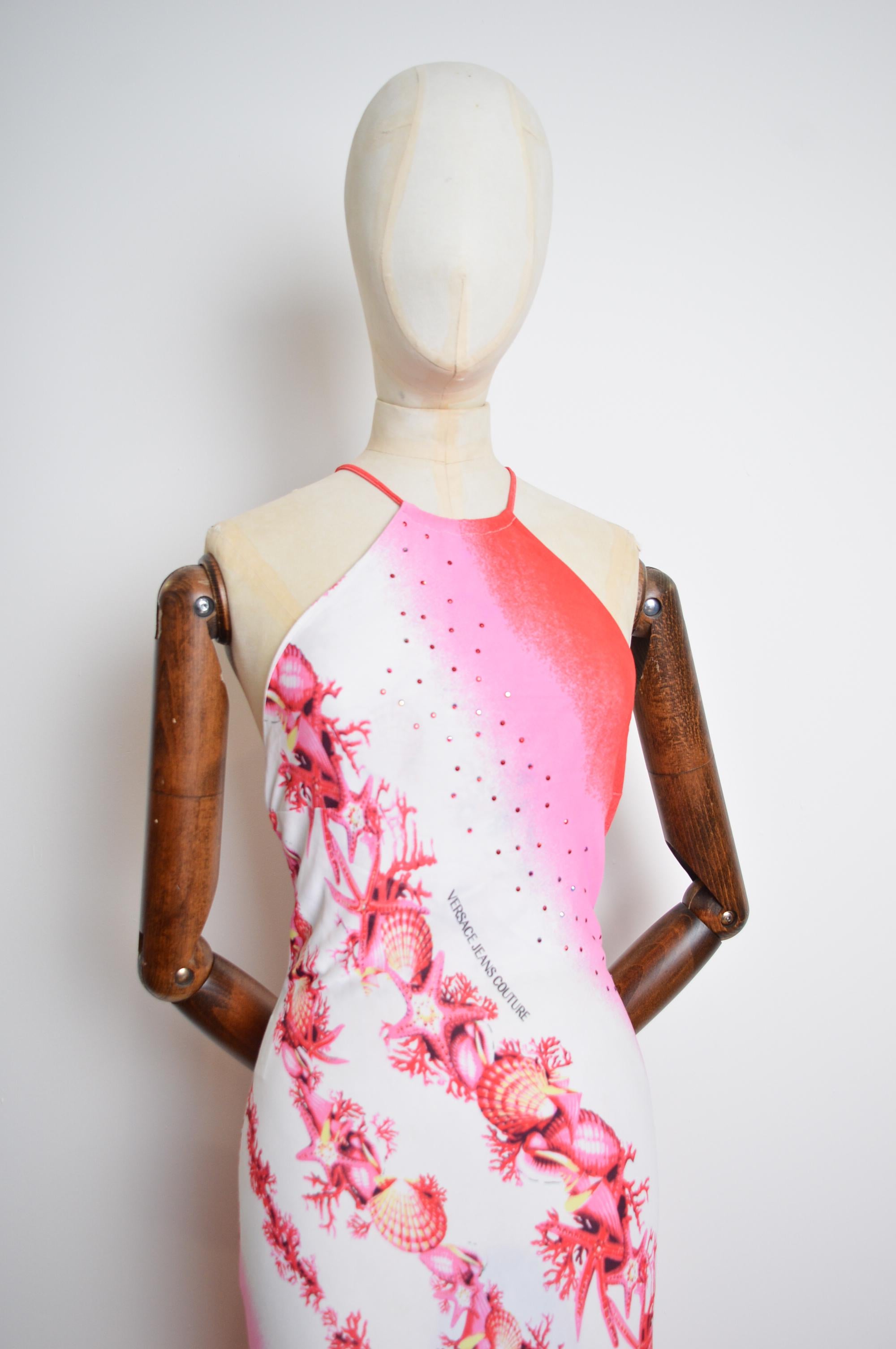 Women's Y2k Donatella Versace 2000's Pink Ombré Sea shell pattern Backless Sparkly Dress