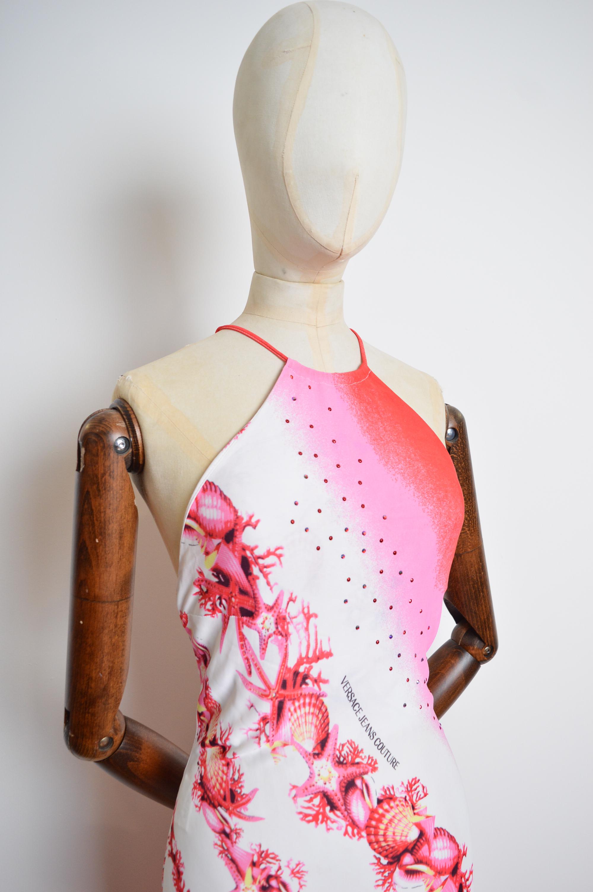 Y2k Donatella Versace 2000's Pink Ombré Sea shell pattern Backless Sparkly Dress 4