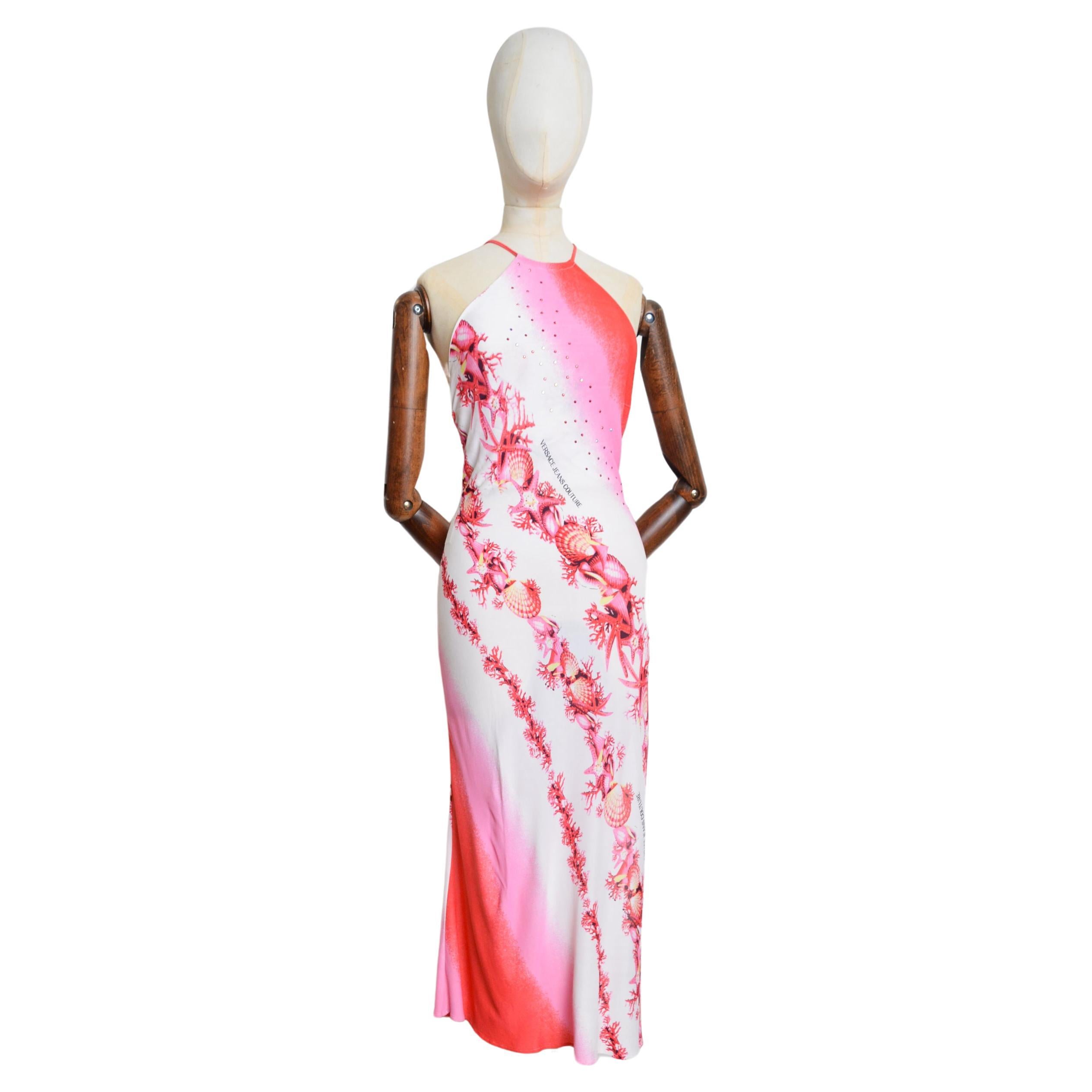 Y2k Donatella Versace 2000's Pink Ombré Sea shell pattern Backless Sparkly Dress