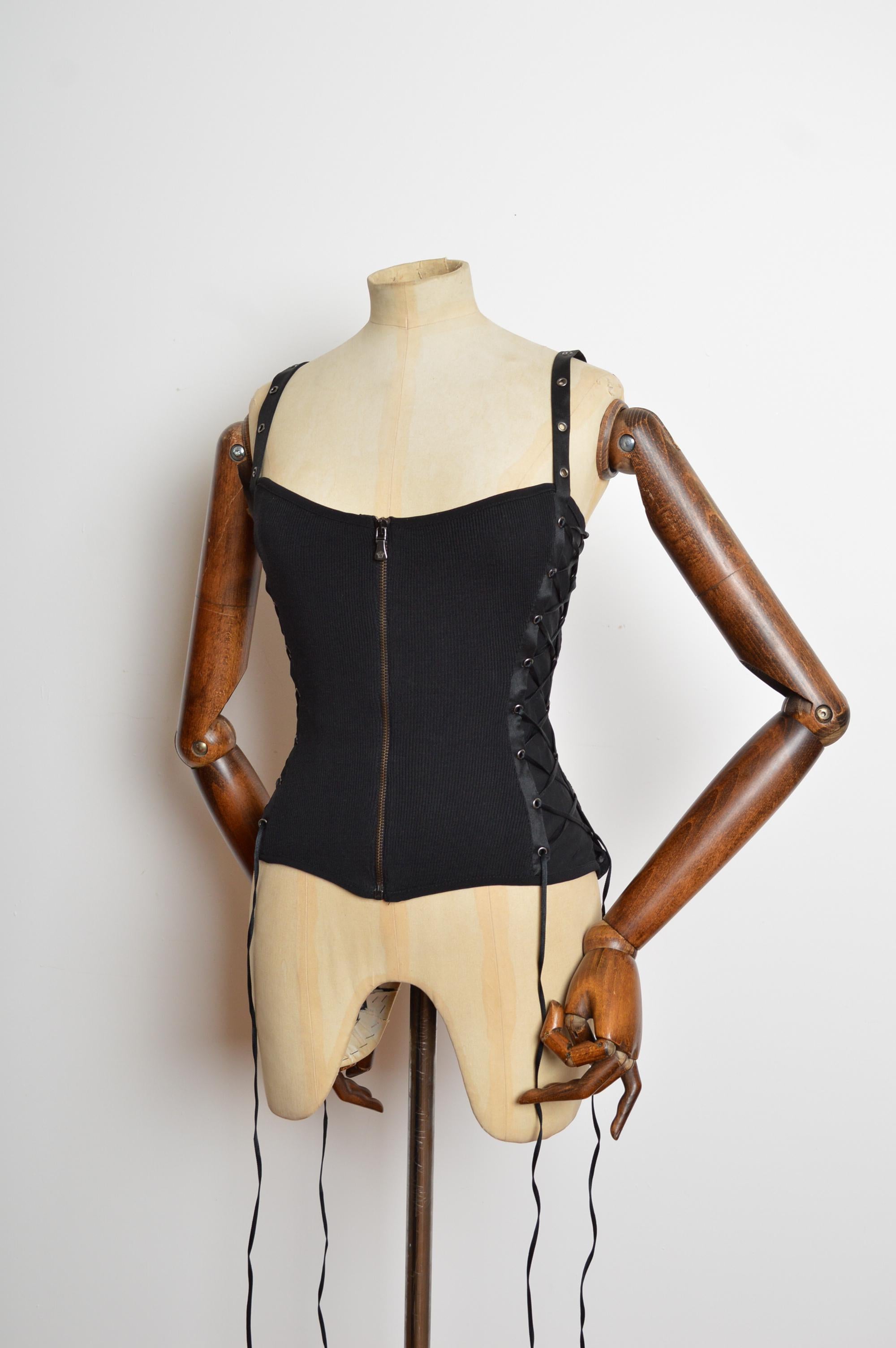 Beige Y2k Donatella Versace era Black lace up sexy Camisole - Corset Tank Top For Sale